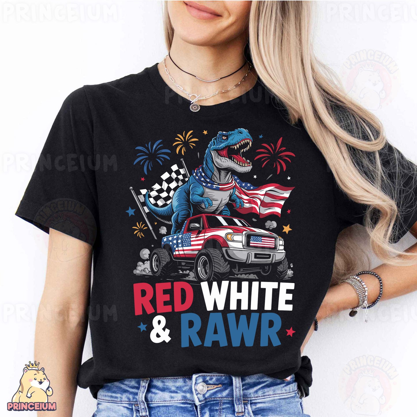 a woman wearing a red white and raw t - shirt