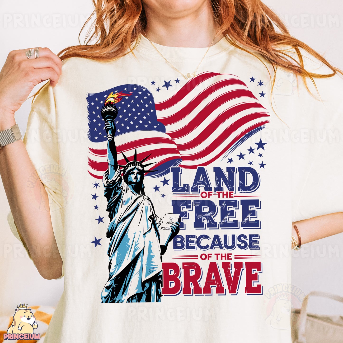 a woman wearing a t - shirt with the statue of liberty on it