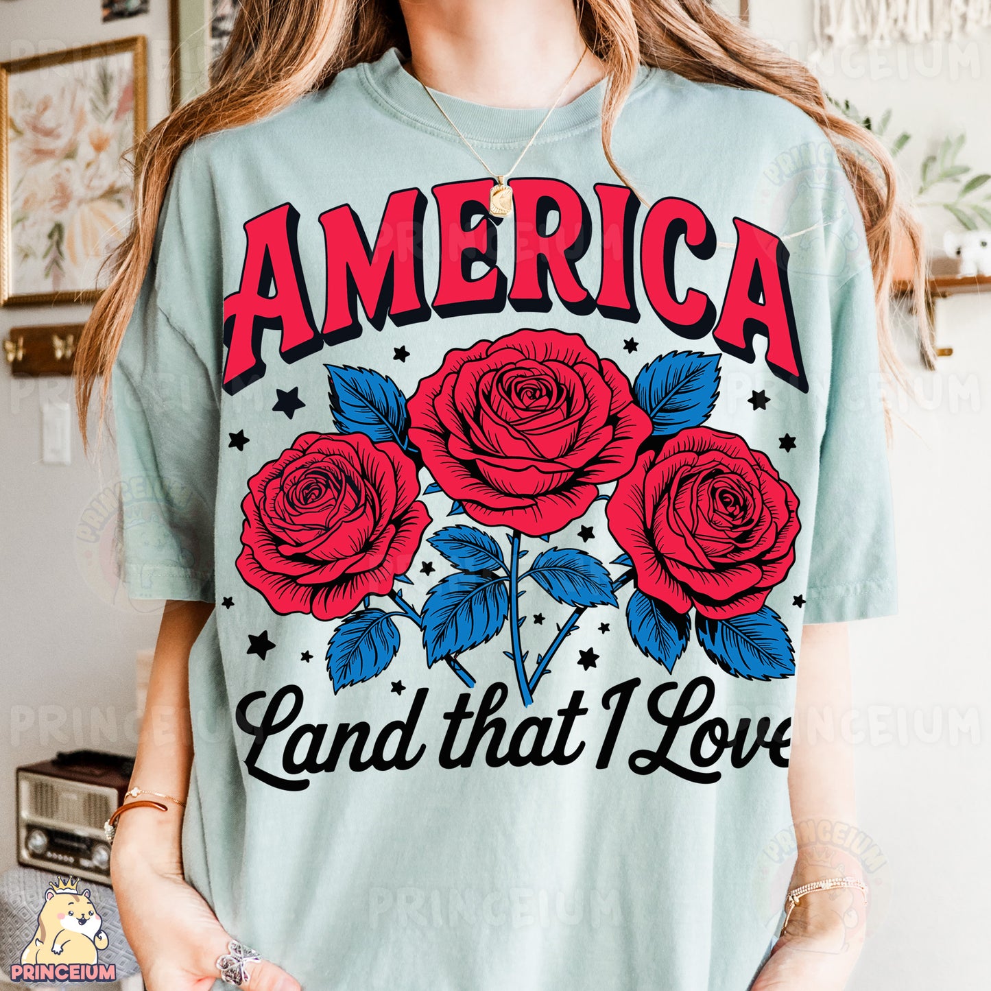 a woman wearing an american land that i love t - shirt