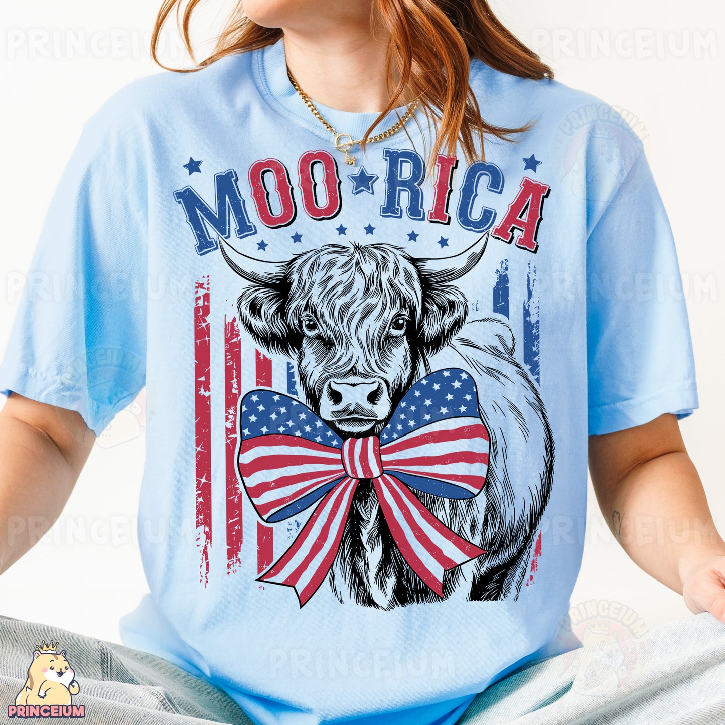 a woman wearing a blue shirt with a cow wearing a red, white and blue