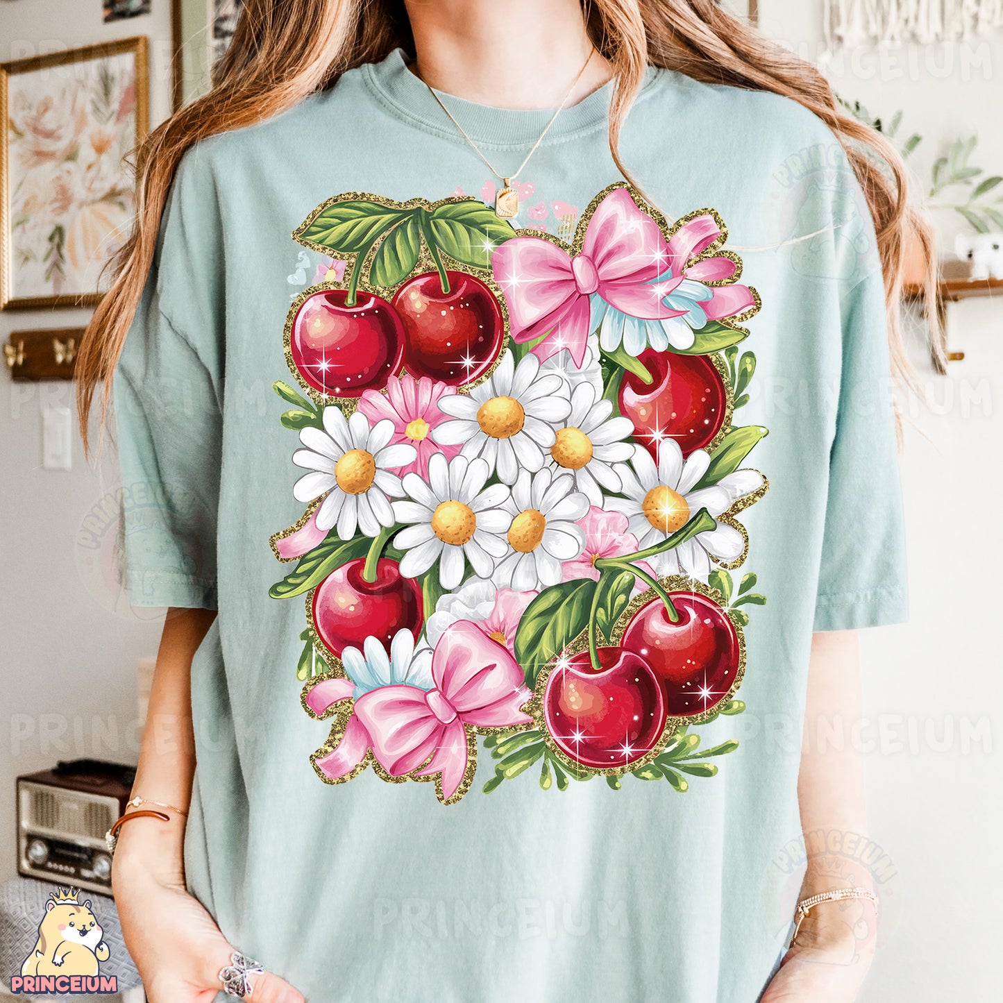 a woman wearing a t - shirt with flowers and cherries on it