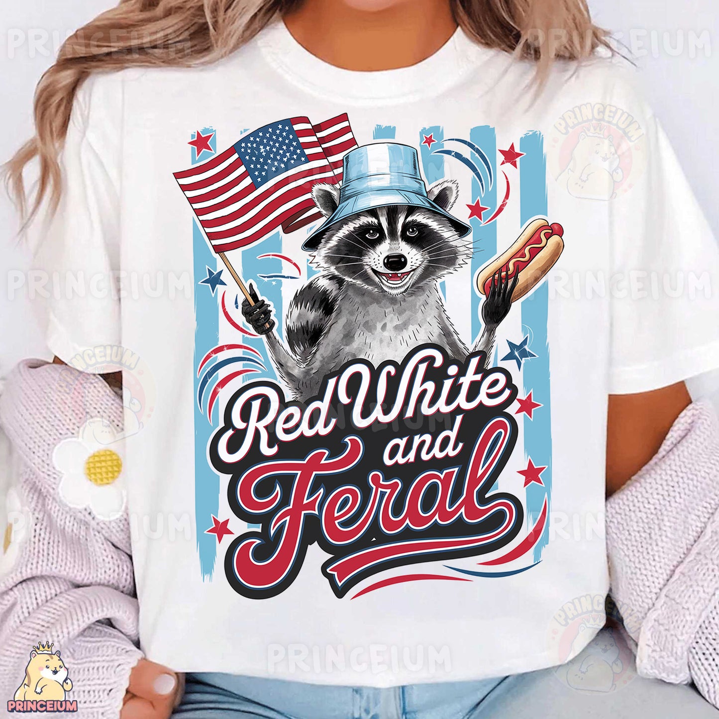 a woman wearing a red, white and blue shirt with a raccoon holding