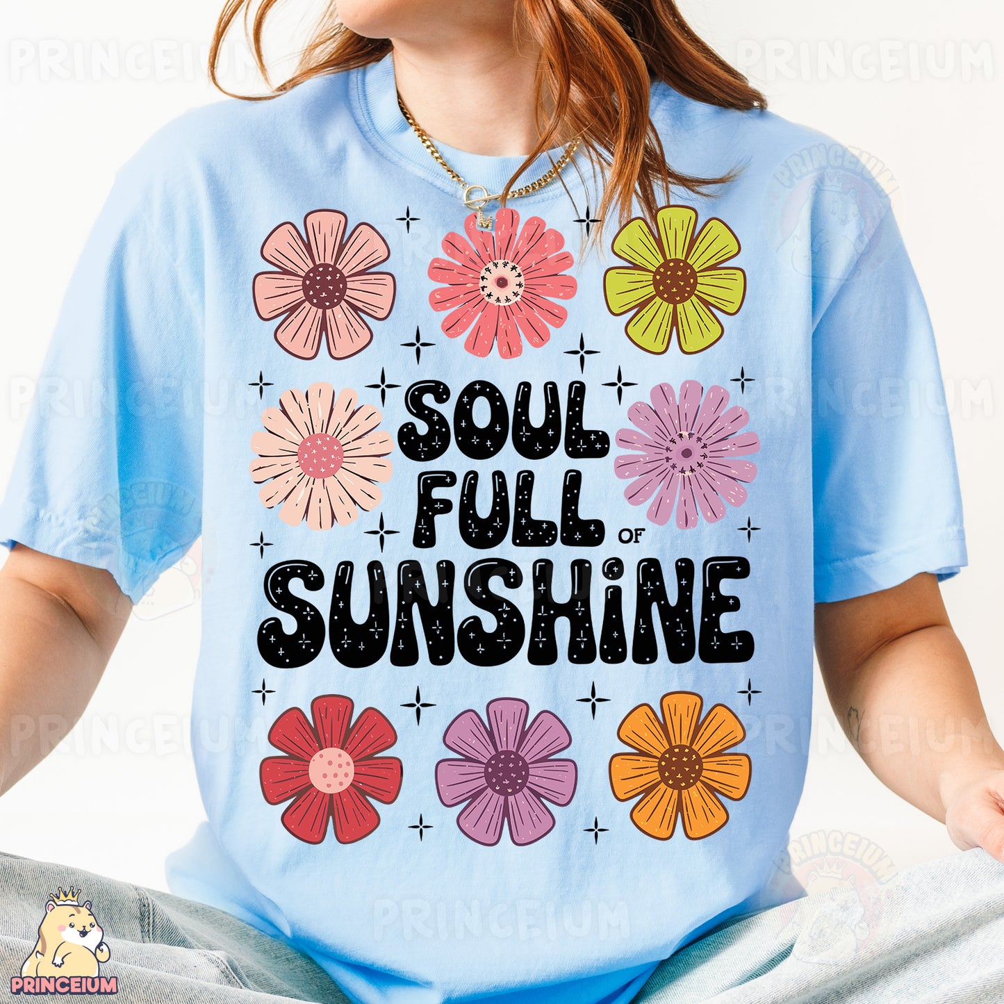 a woman wearing a t - shirt that says soul full sunshine