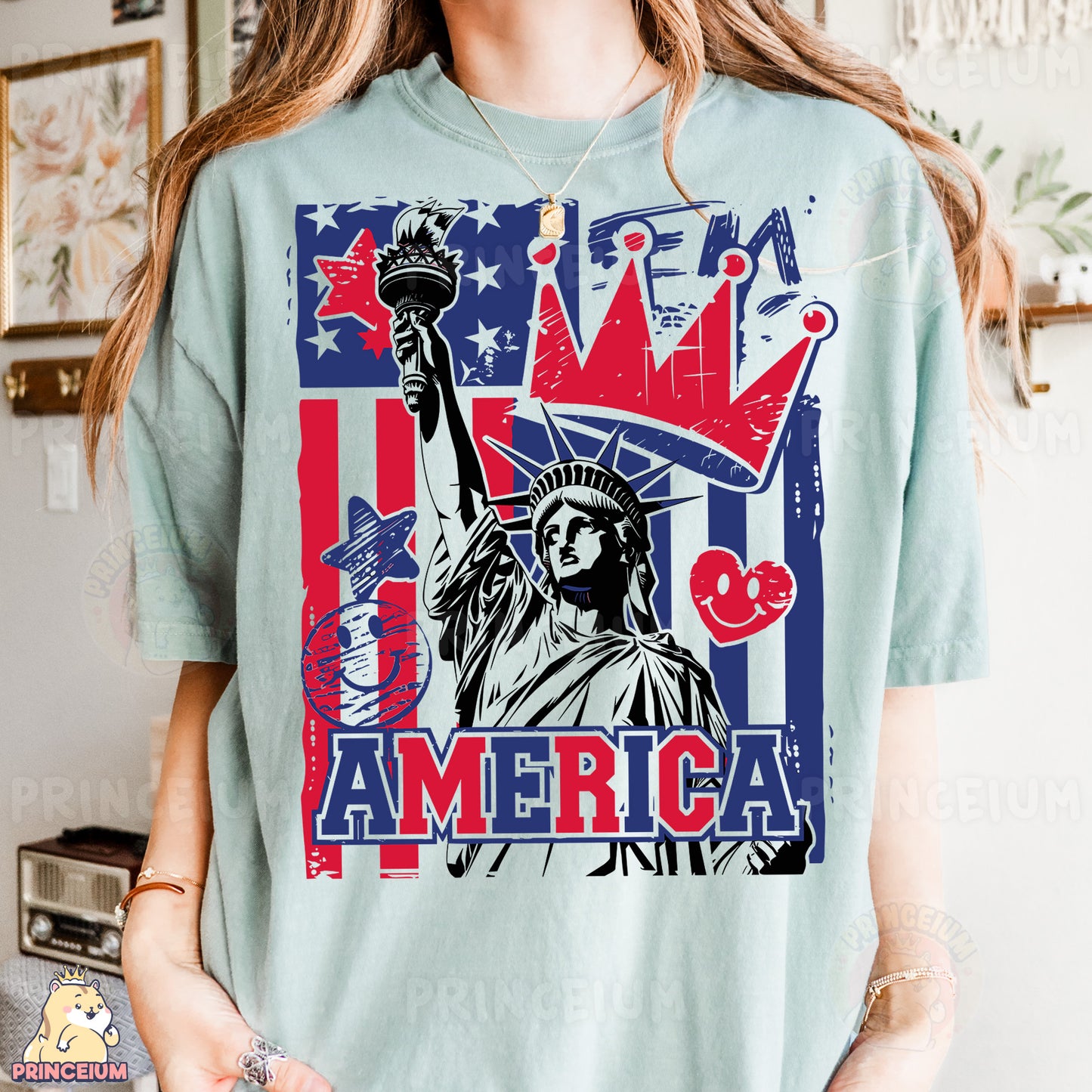 a woman wearing a t - shirt with the statue of liberty on it