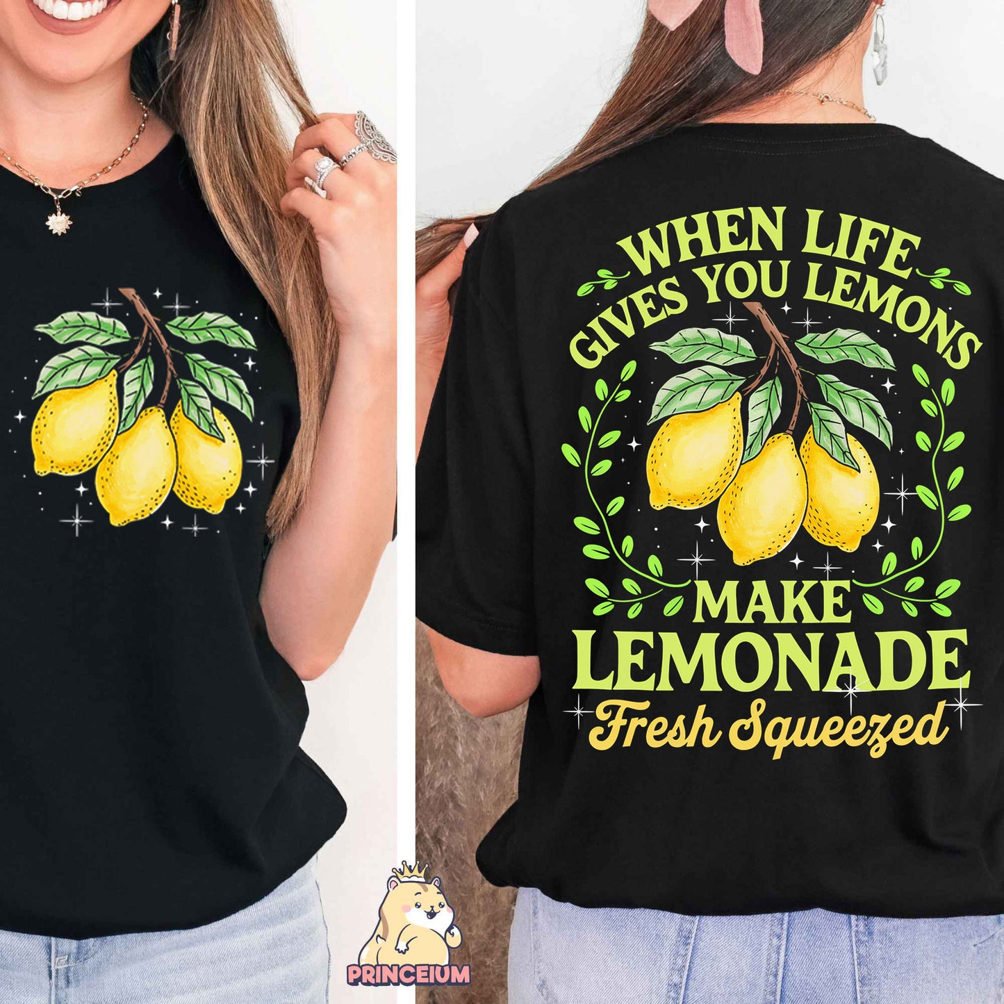 a woman wearing a t - shirt that says when life gives you lemons make