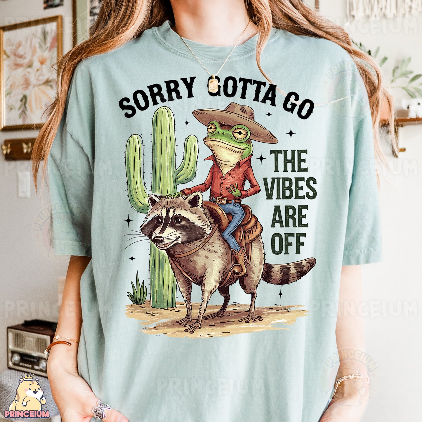 a woman wearing a t - shirt with a racoon on it