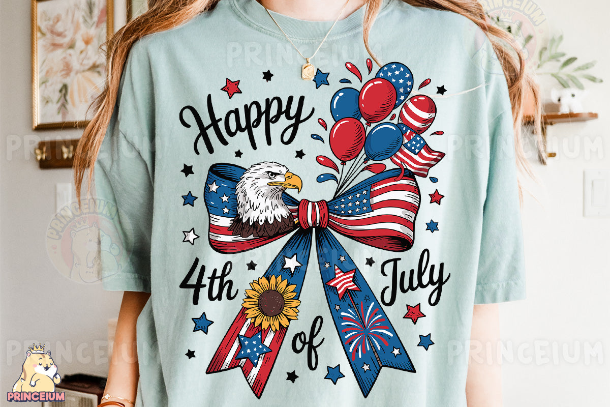 a woman wearing a happy 4th of july t - shirt