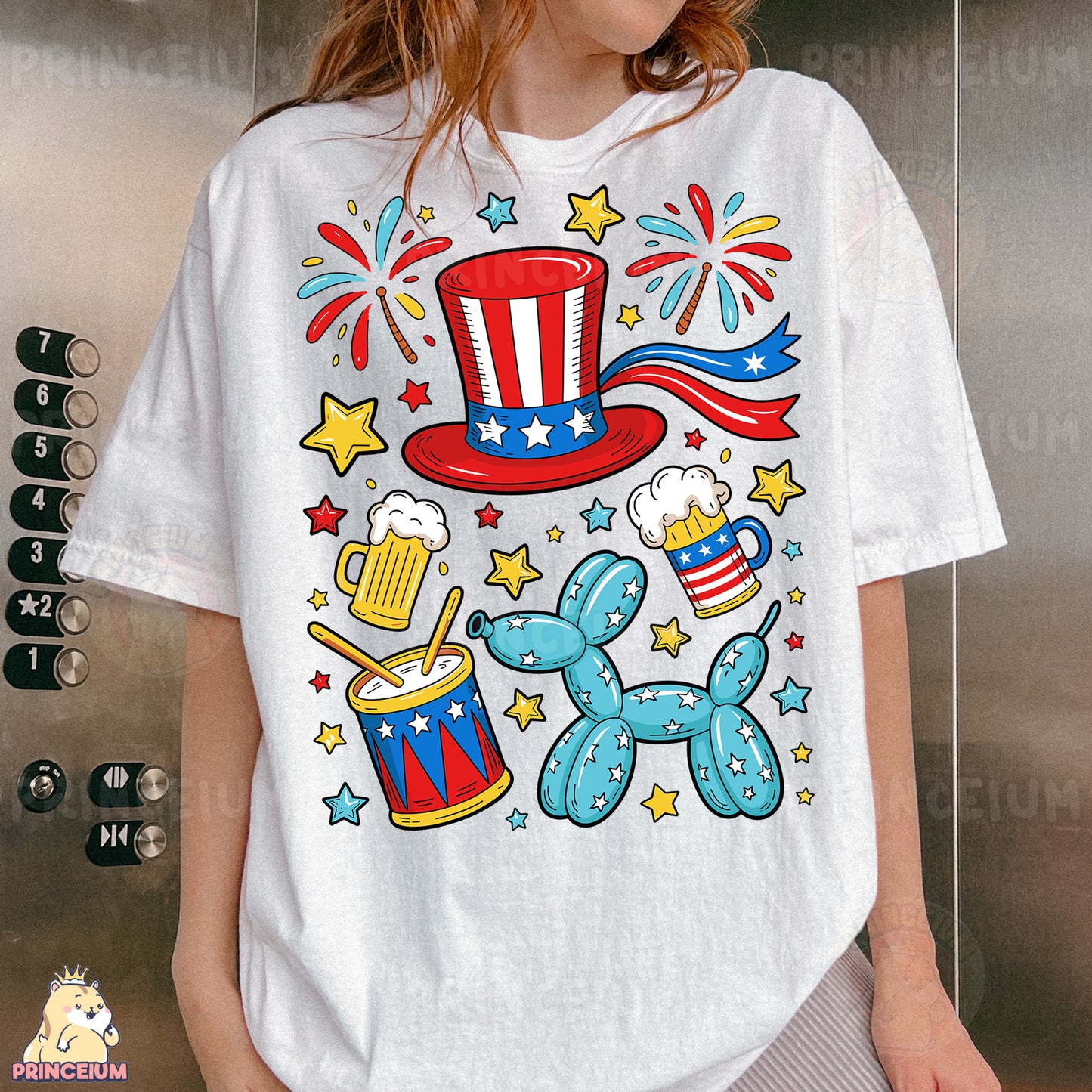 a woman wearing a patriotic t - shirt in front of an elevator