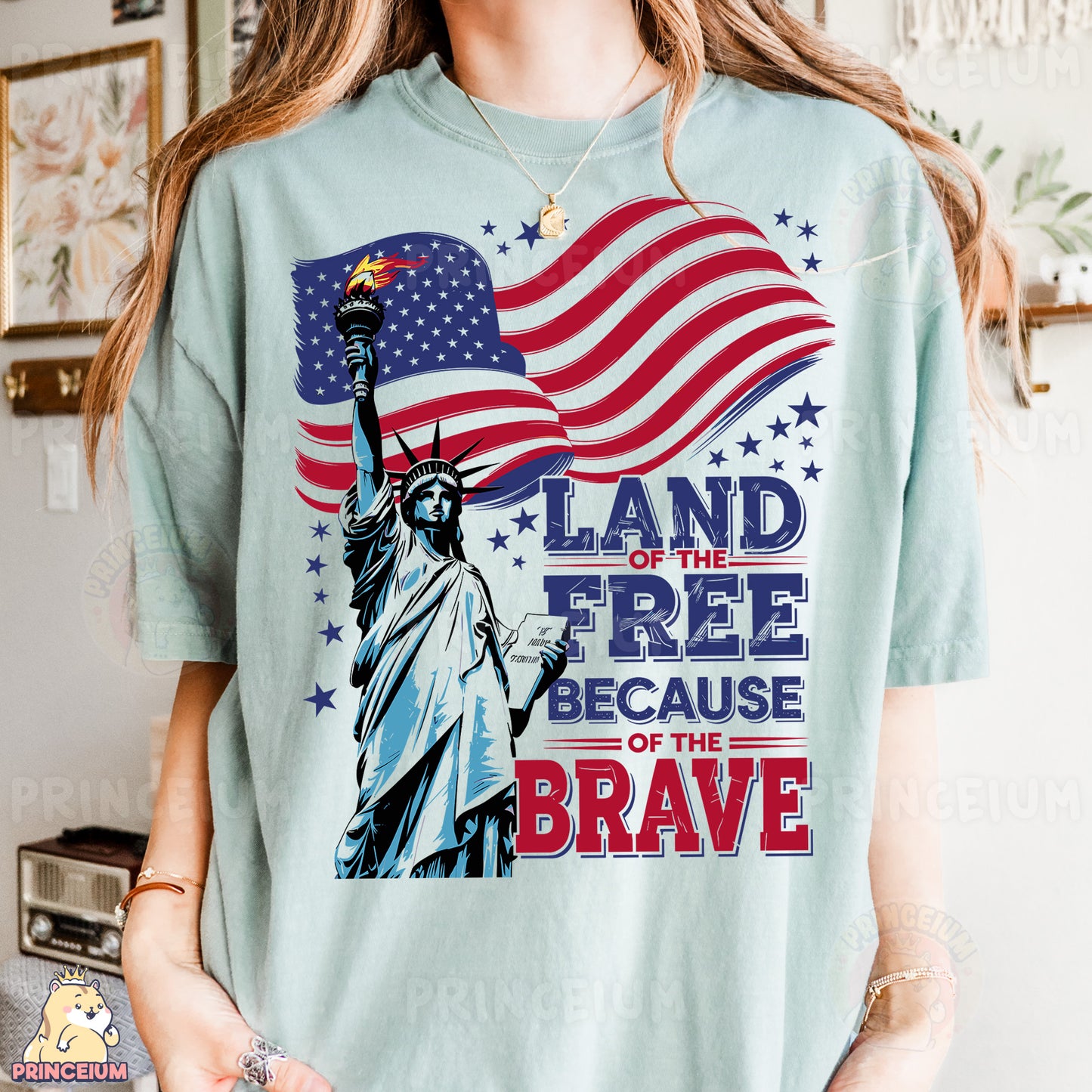 a woman wearing a t - shirt that says land of the free because of the