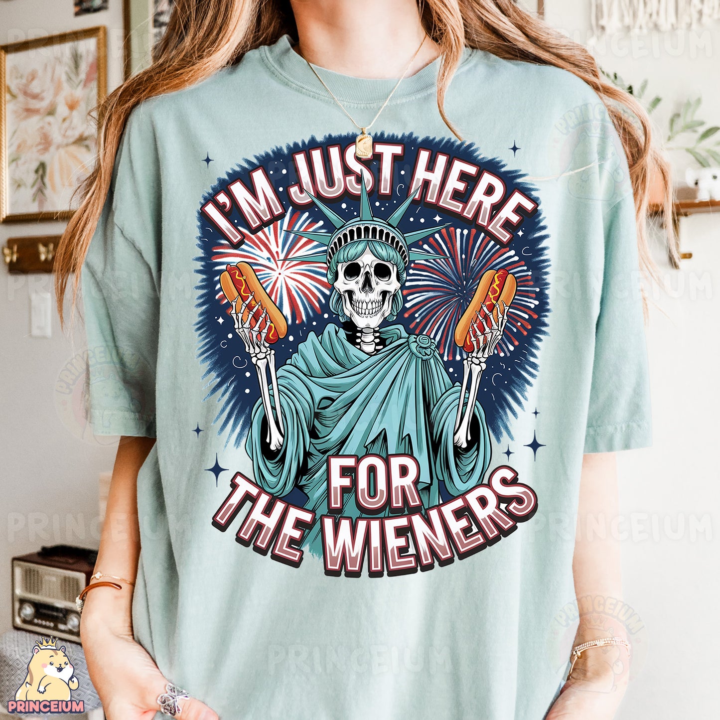 a woman wearing a t - shirt that says i'm just here for the