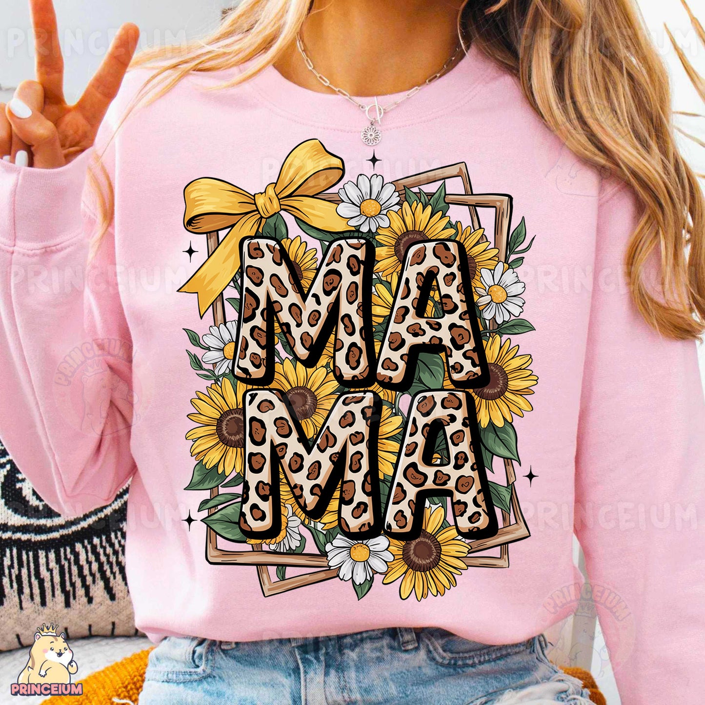 a woman wearing a pink shirt with the word ma ma on it