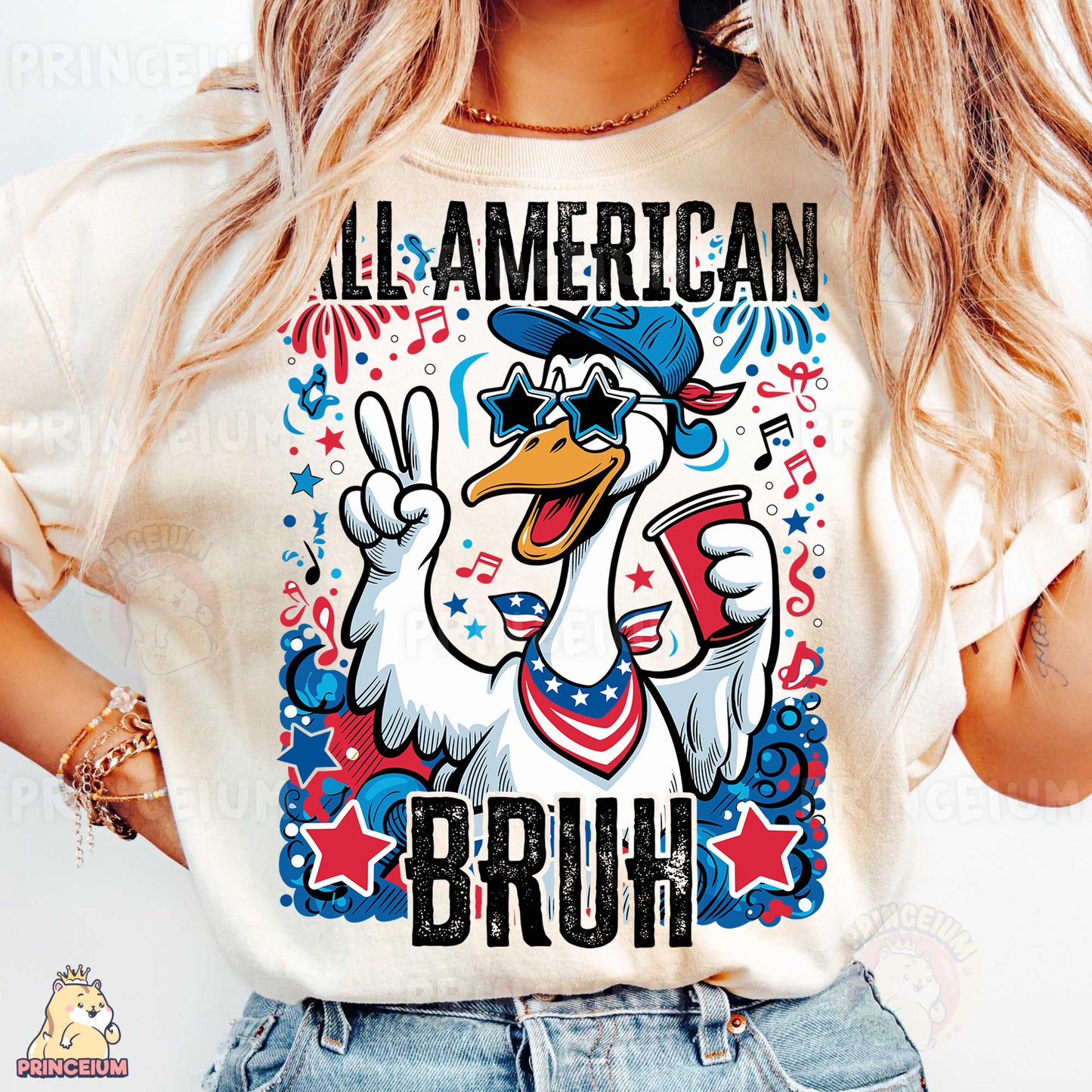 a woman wearing a t - shirt with a cartoon duck on it