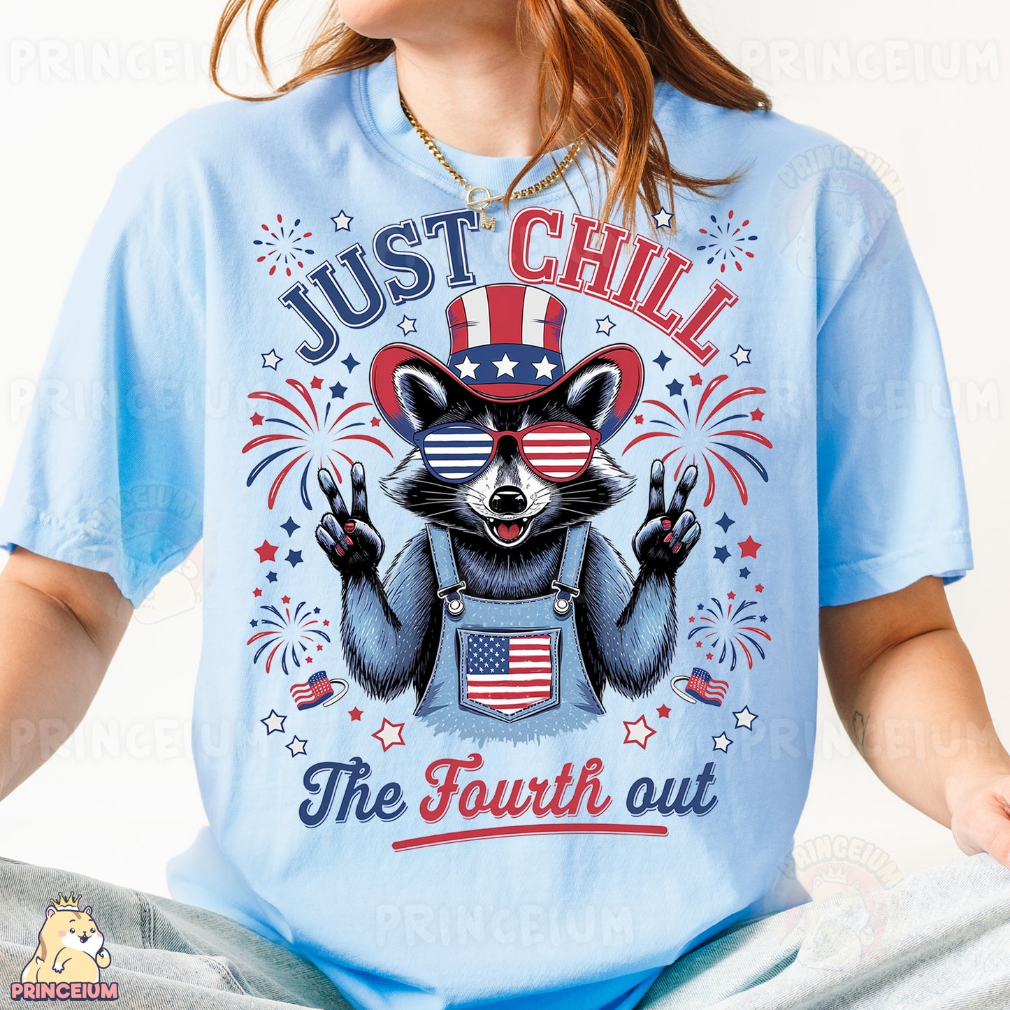 a woman wearing a blue shirt with a raccoon on it