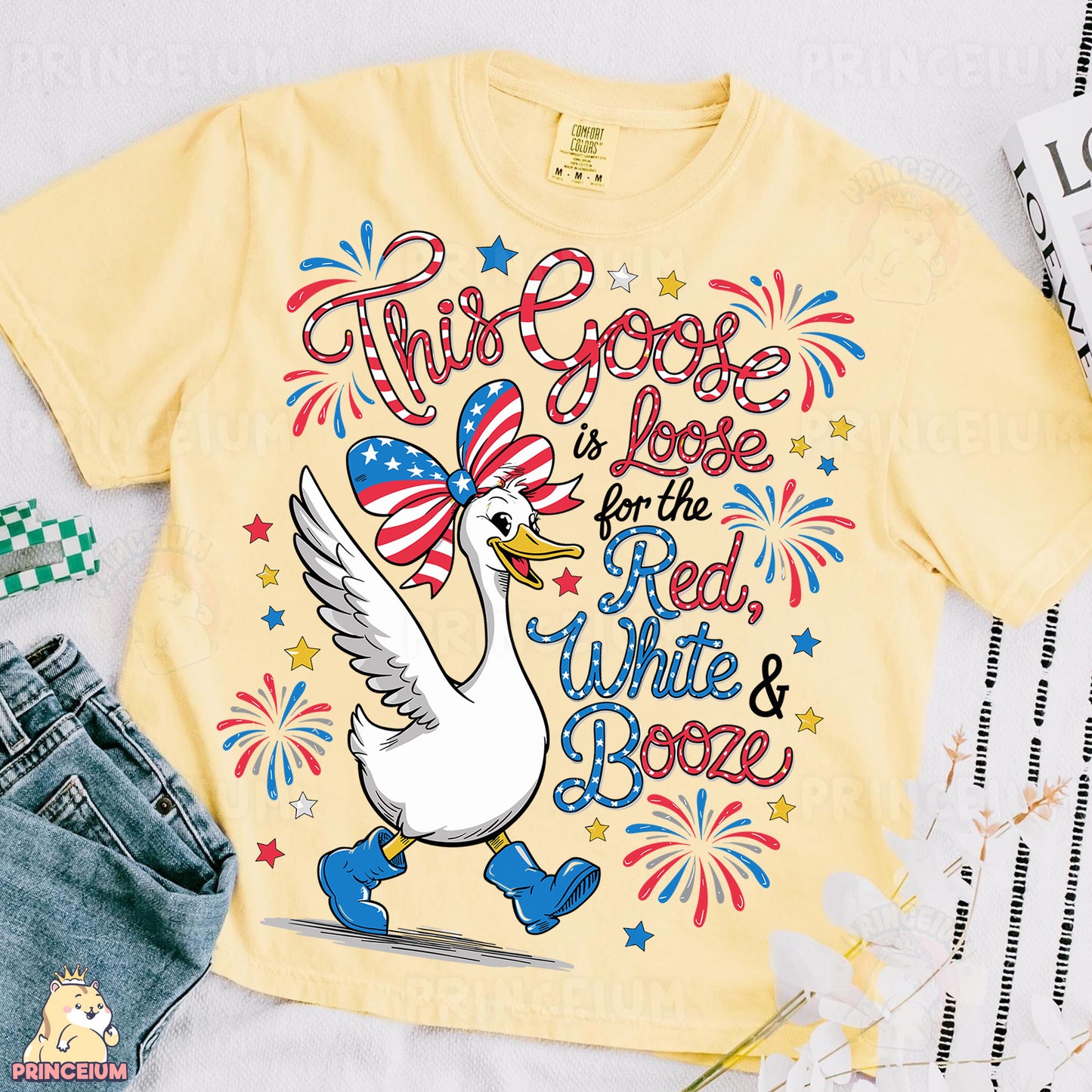 a t - shirt with an image of a goose with a flag on it
