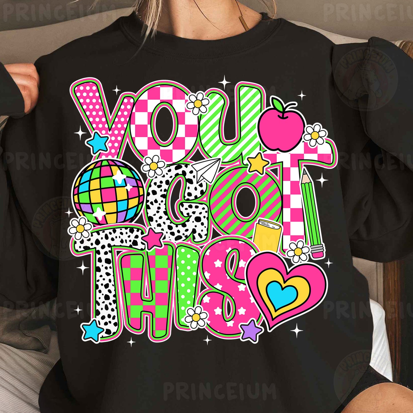 a woman wearing a black shirt with the words you got this on it