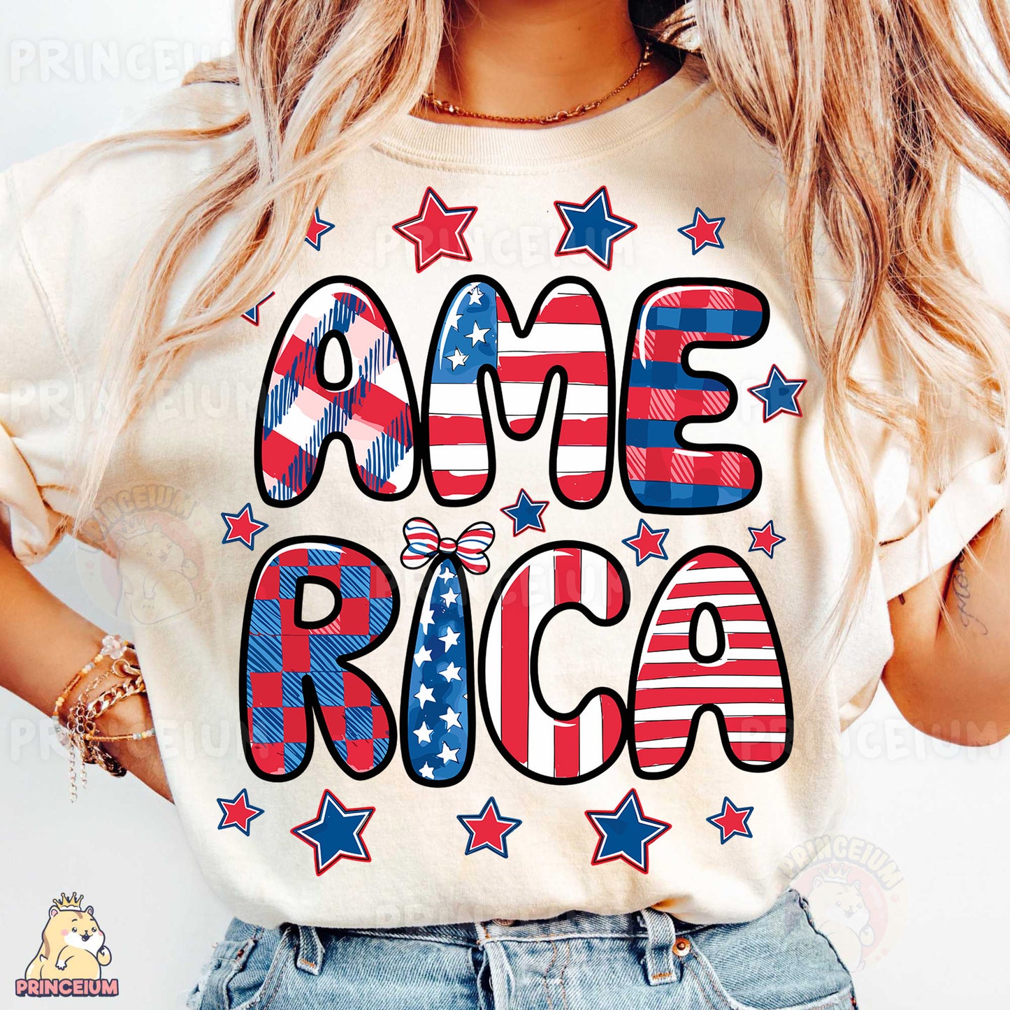 a woman wearing a t - shirt that says ame rica
