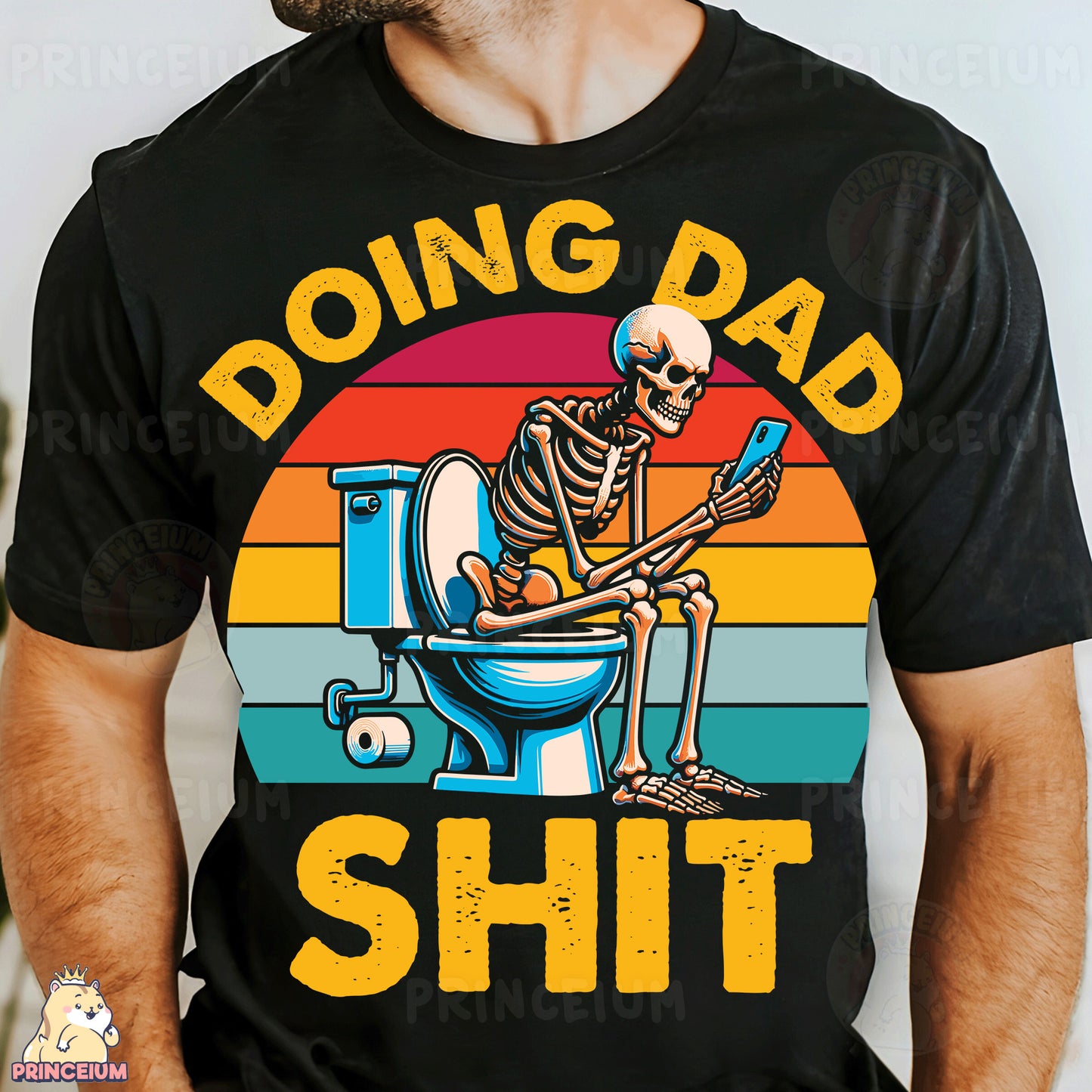a man wearing a black shirt with a skeleton sitting on a toilet