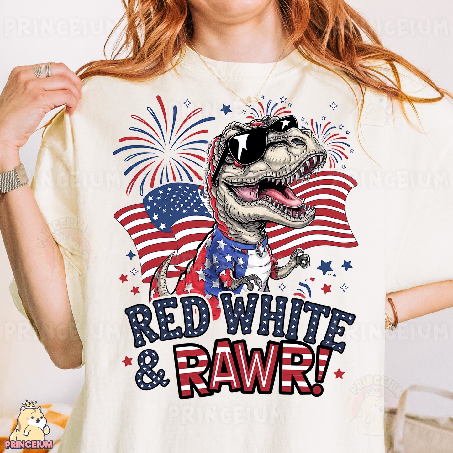 a woman wearing a red, white and rawr t - shirt