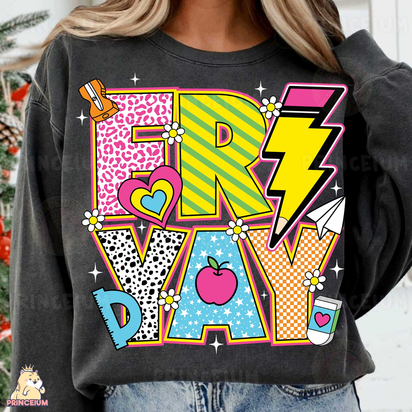 a woman wearing a black sweatshirt with the words fresh air day on it