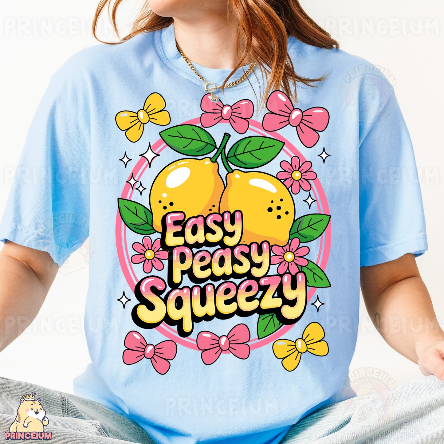a woman wearing a t - shirt that says easy peasy sqeezy