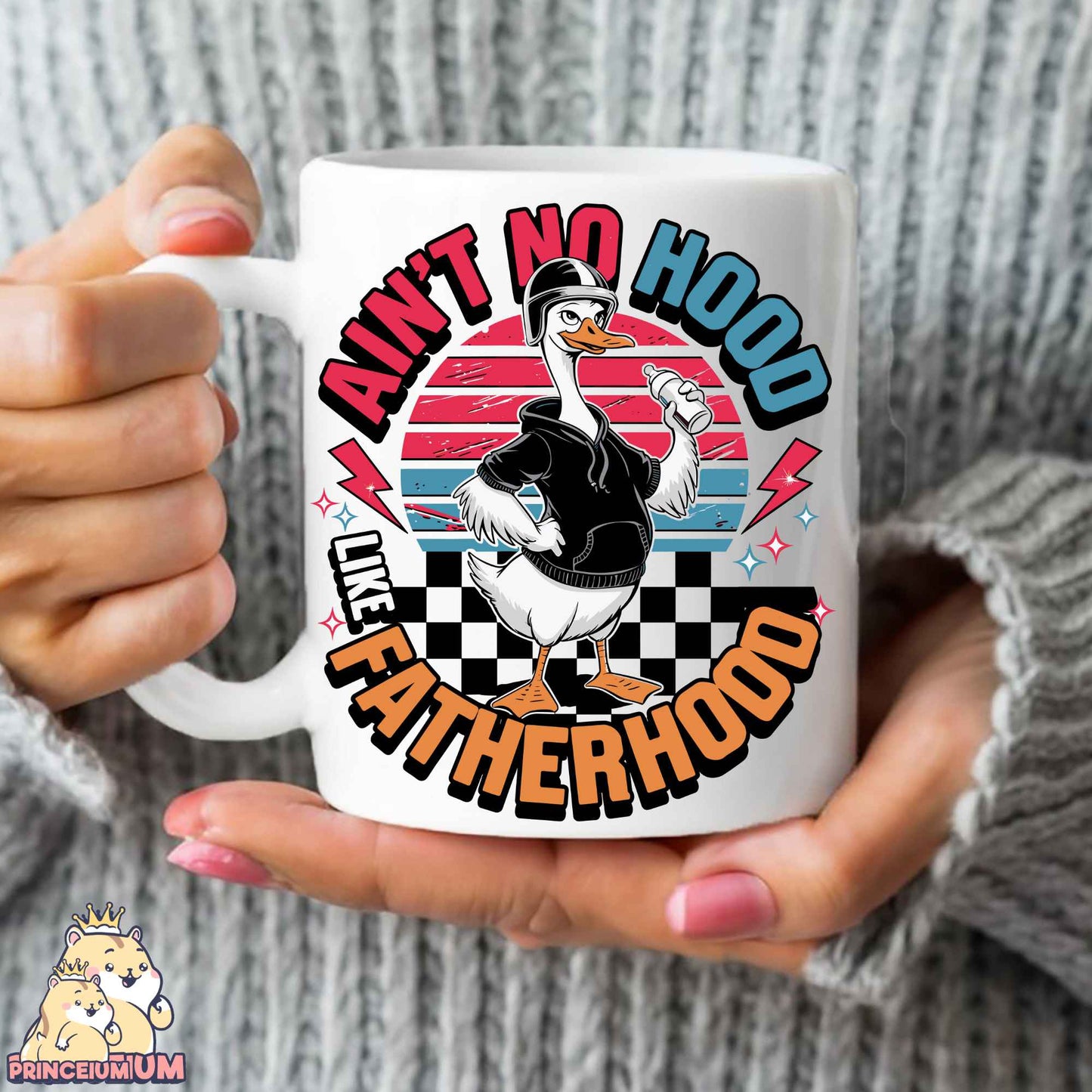 a woman holding a coffee mug with a duck on it