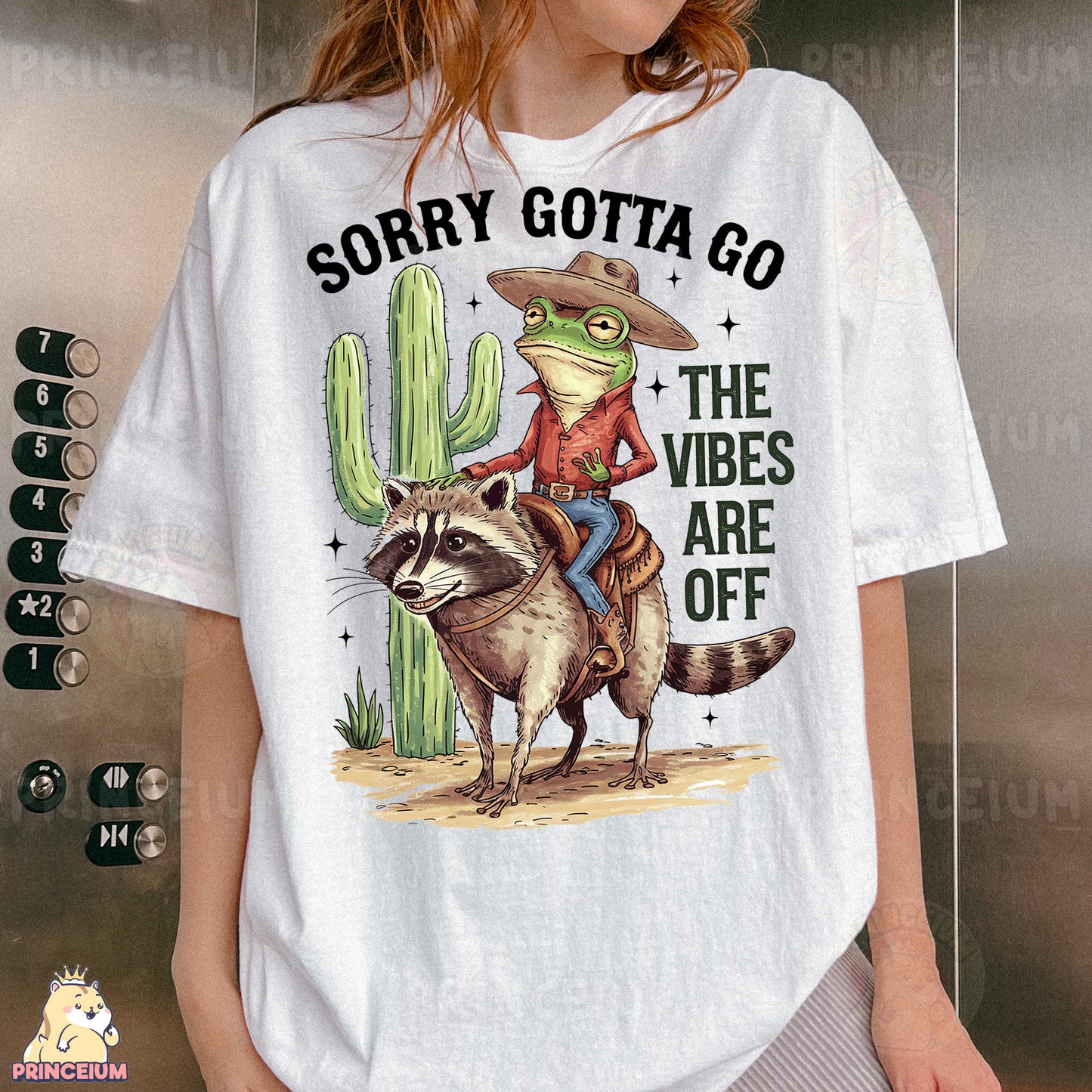 a woman wearing a white shirt with a racoon on it