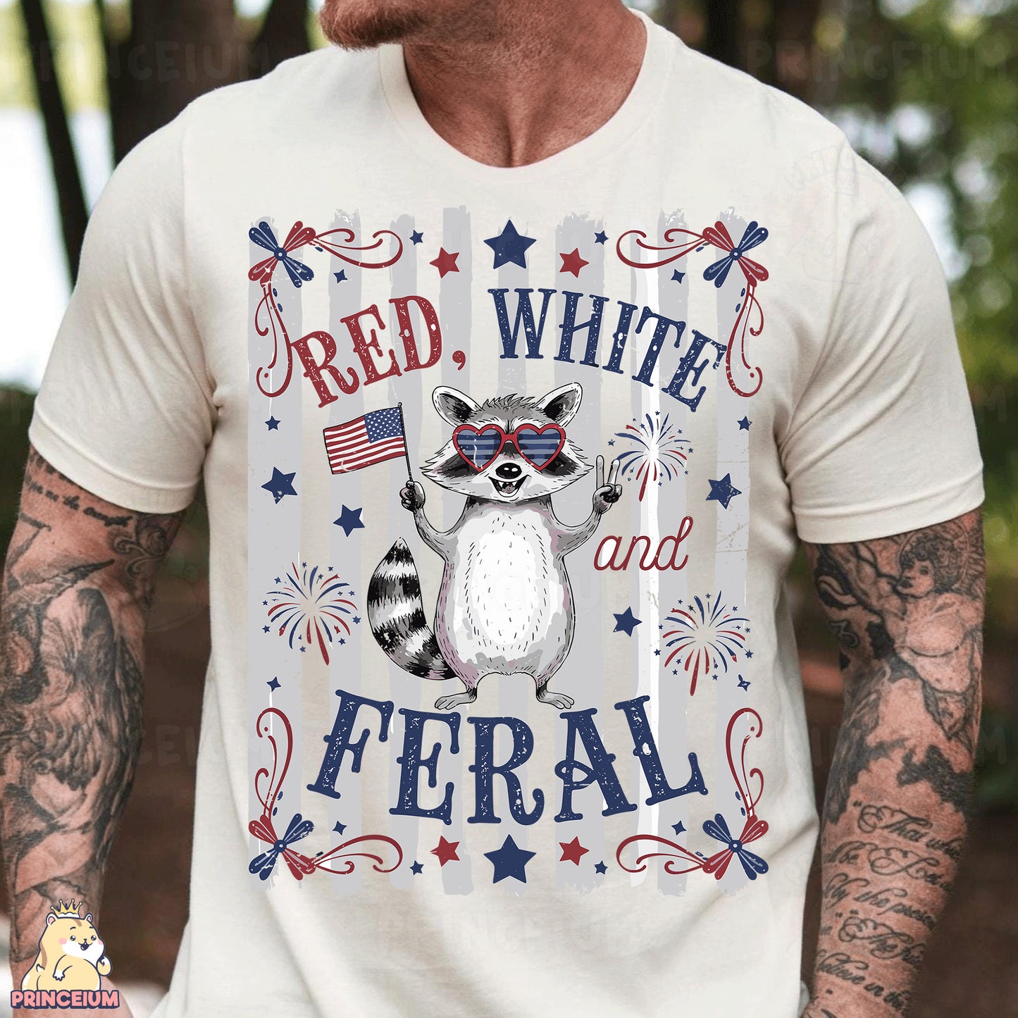 a man wearing a white shirt with a raccoon on it