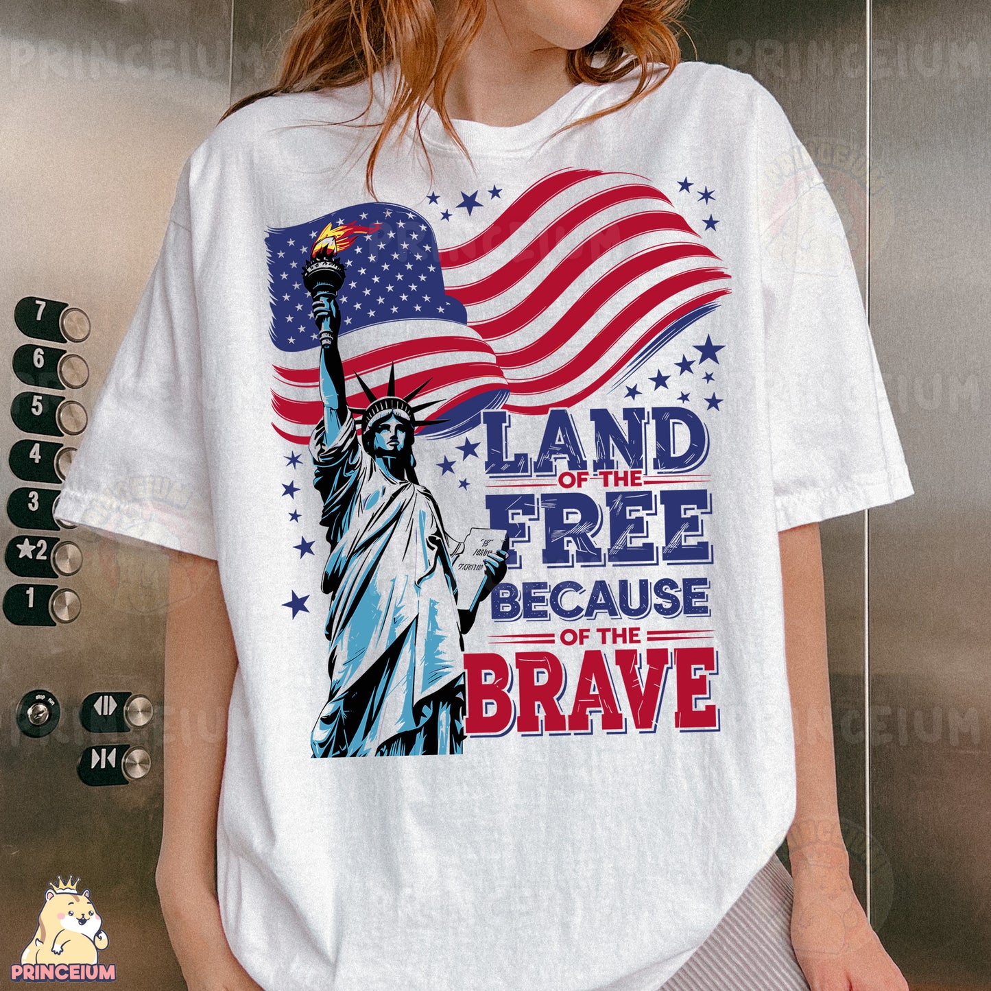 a woman wearing a t - shirt that says land of the free because of the