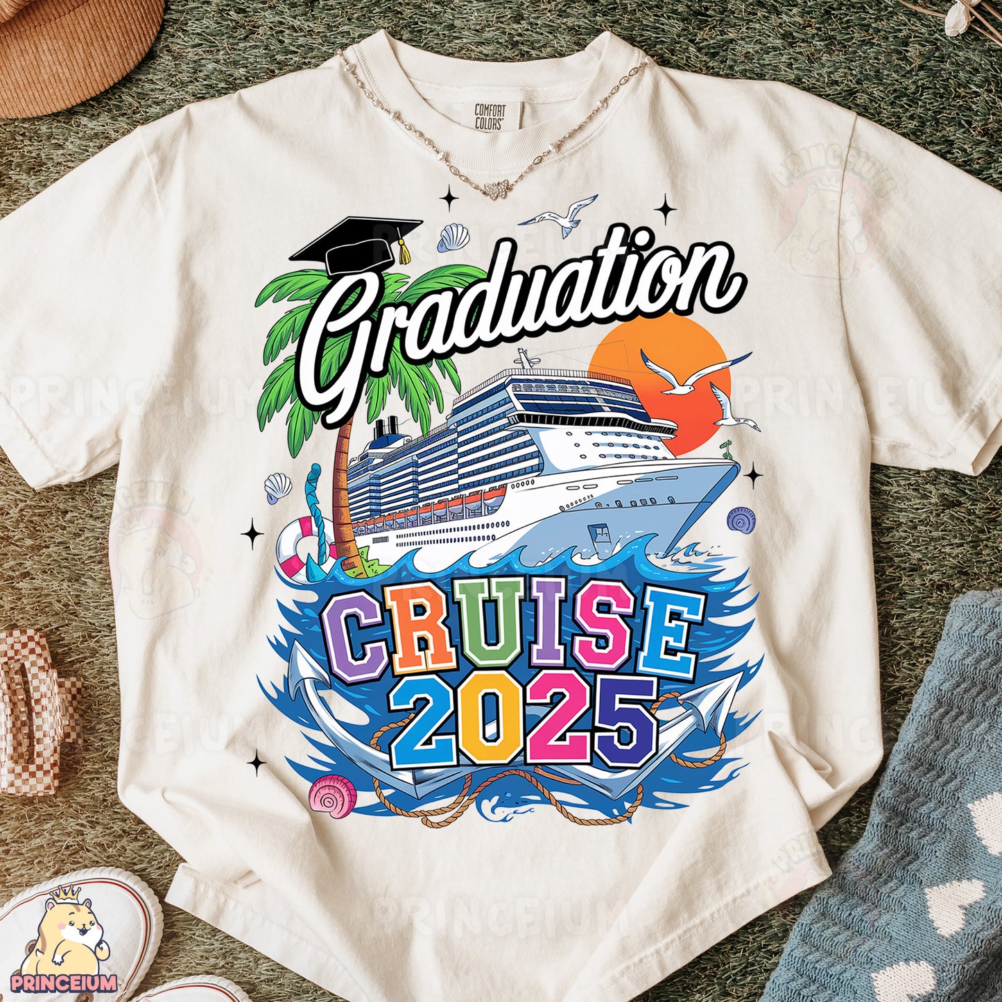 a white shirt with a cruise ship on it
