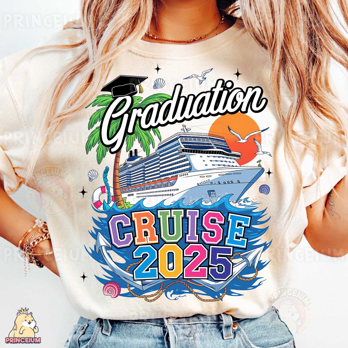 a woman wearing a graduation shirt with a cruise ship on it