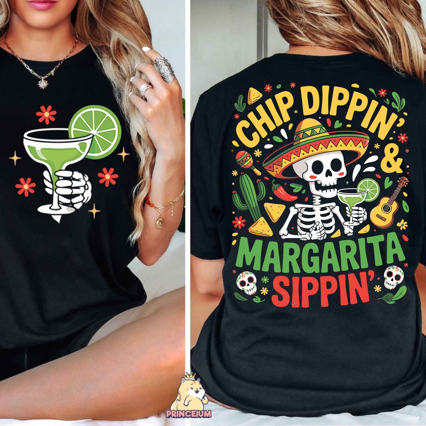a woman wearing a shirt that says chip dippin and margarita sipin