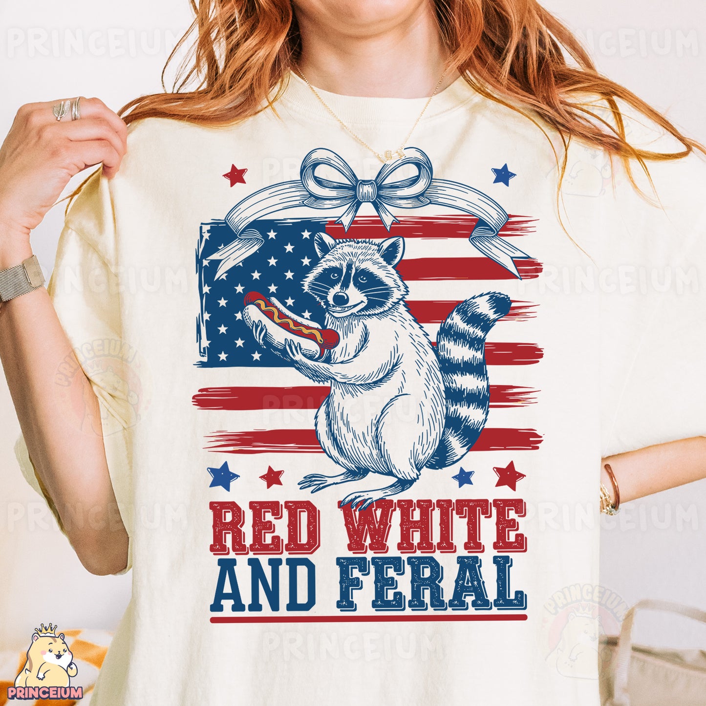 a woman wearing a red, white and feal shirt with a raccoon