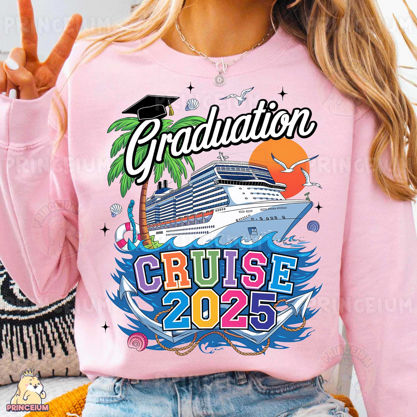 a woman wearing a pink graduation sweatshirt with a cruise ship on it