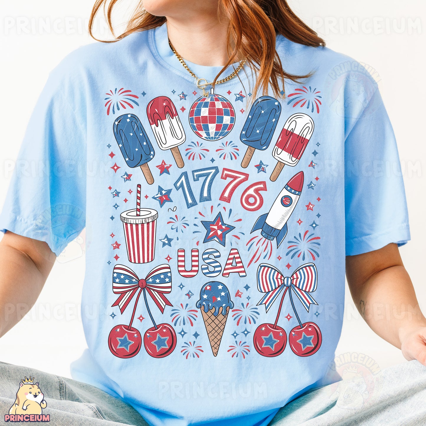 a woman wearing a blue shirt with patriotic designs on it