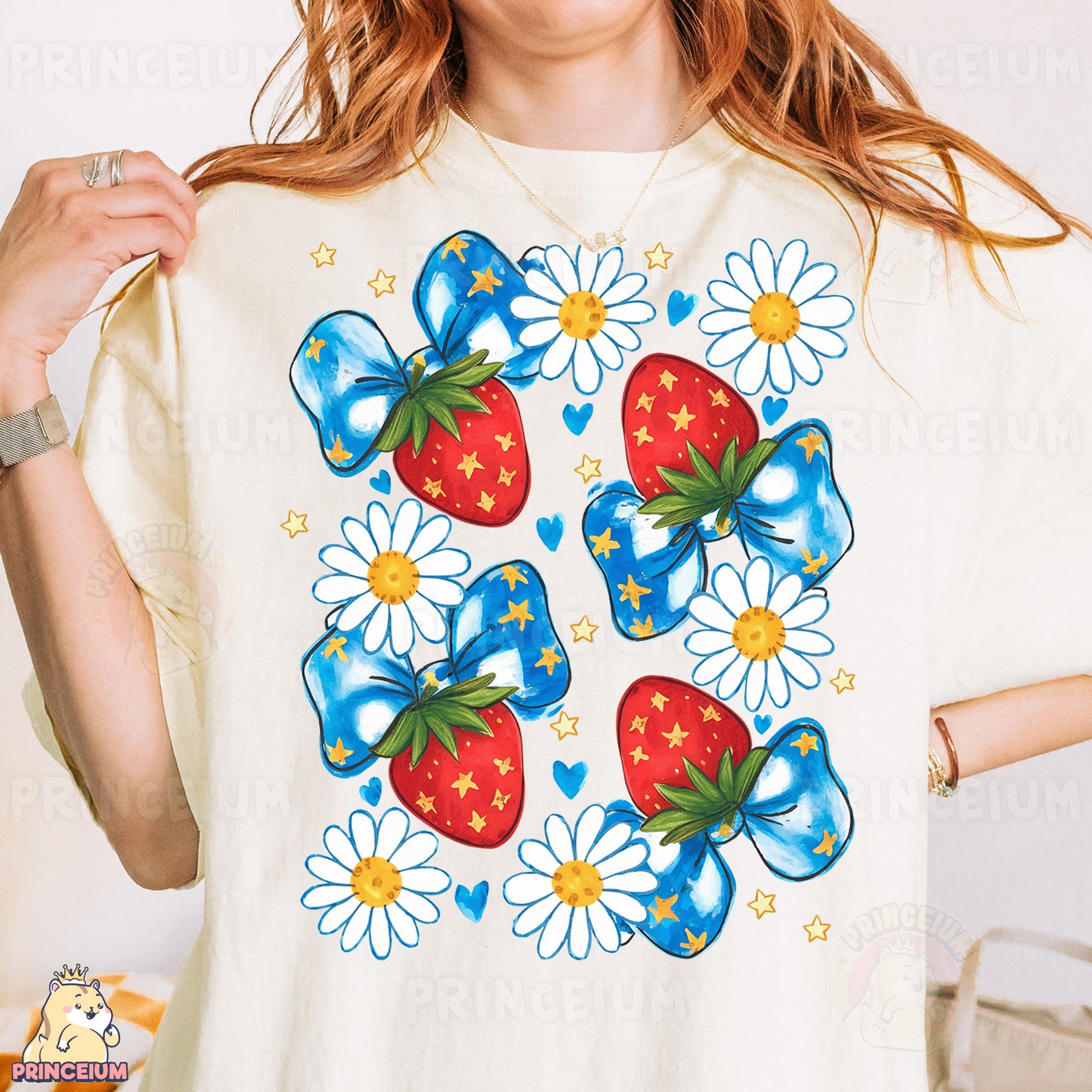 a woman wearing a t - shirt with a bow and a strawberry on it