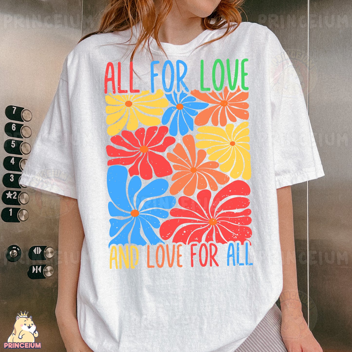 a woman wearing a t - shirt that says all for love and love for all