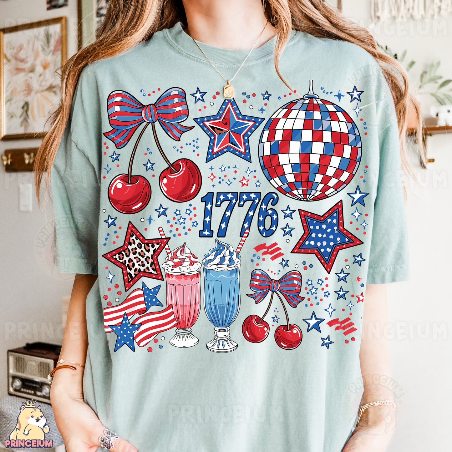 a woman wearing a t - shirt with a patriotic design