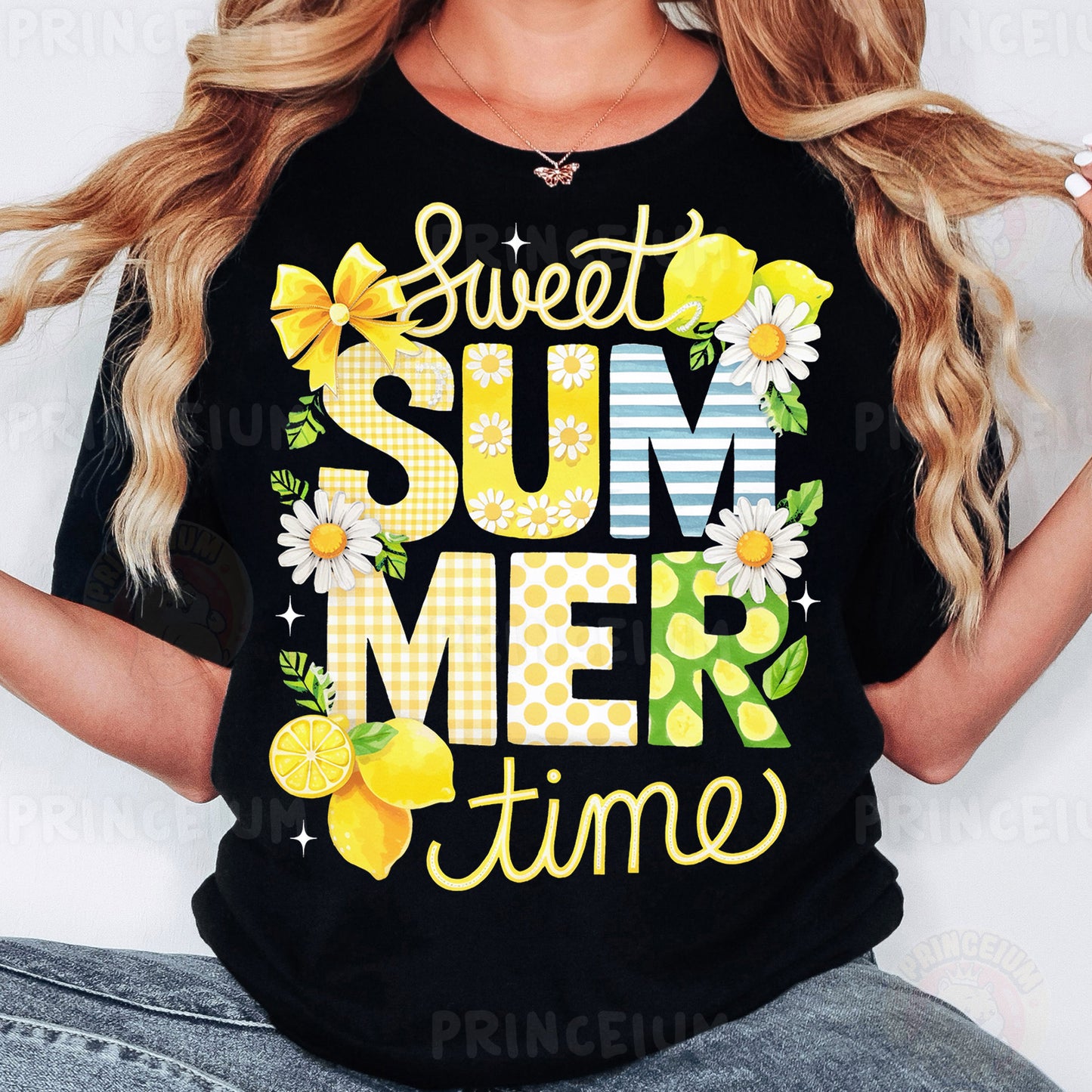 a woman wearing a black shirt that says sweet summer time