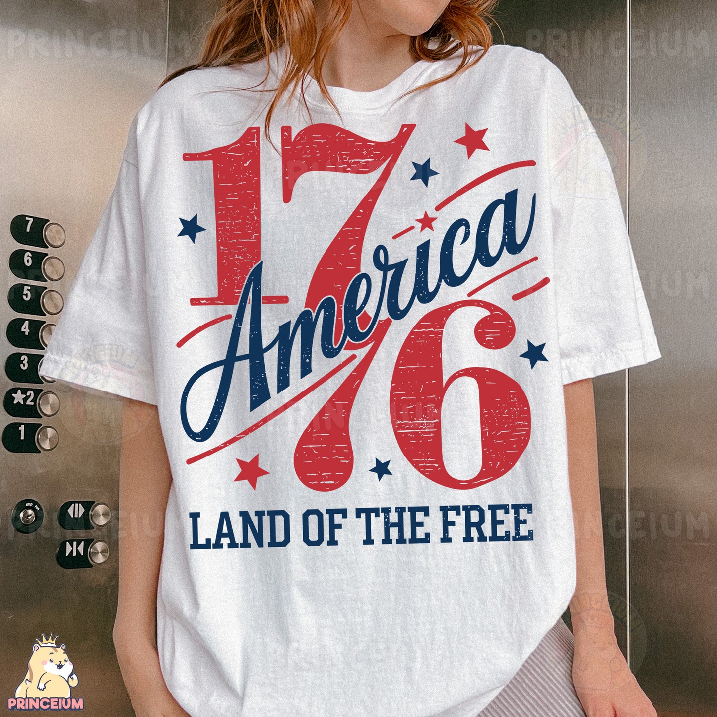a woman wearing a white t - shirt that says america 76 land of the free