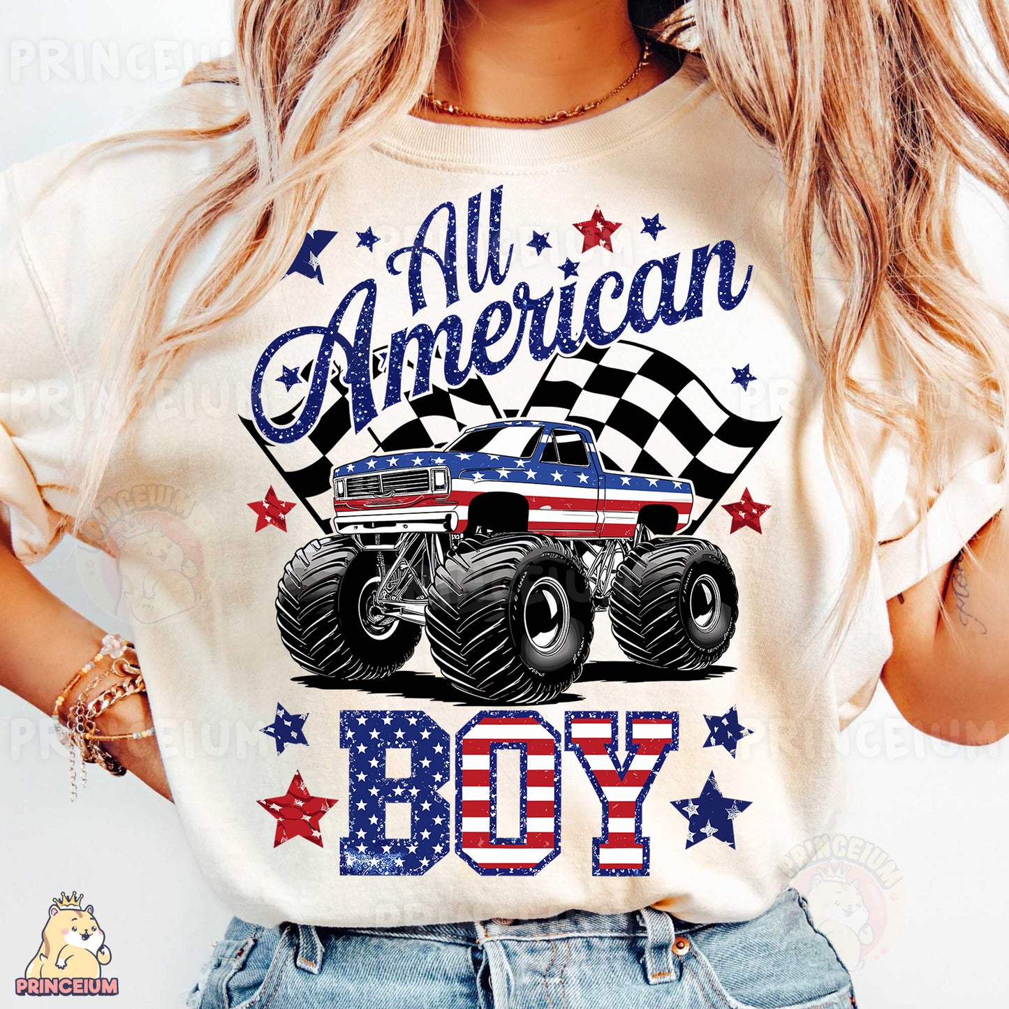 a woman wearing an american boy shirt with a monster truck on it