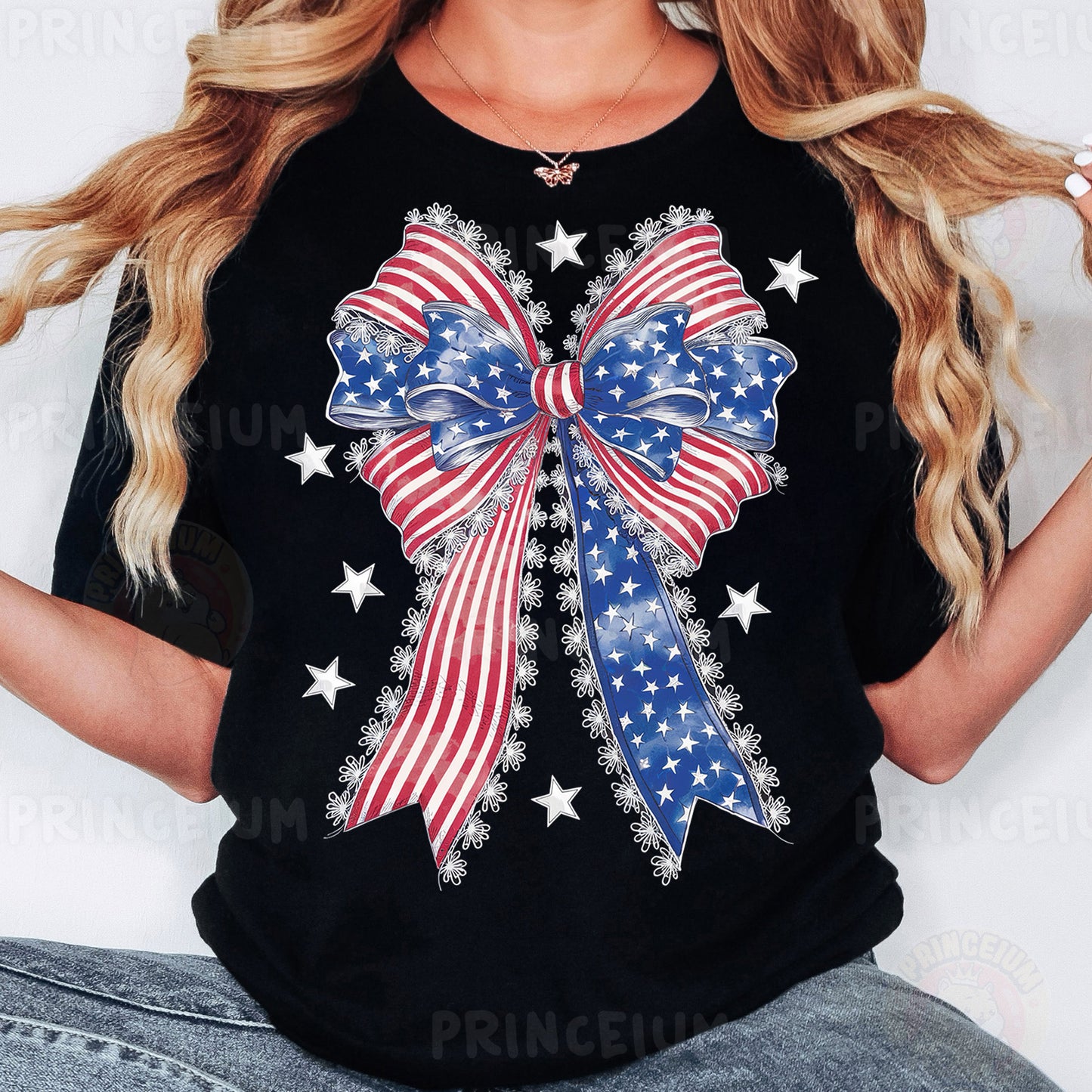a woman wearing a black shirt with an american flag bow on it