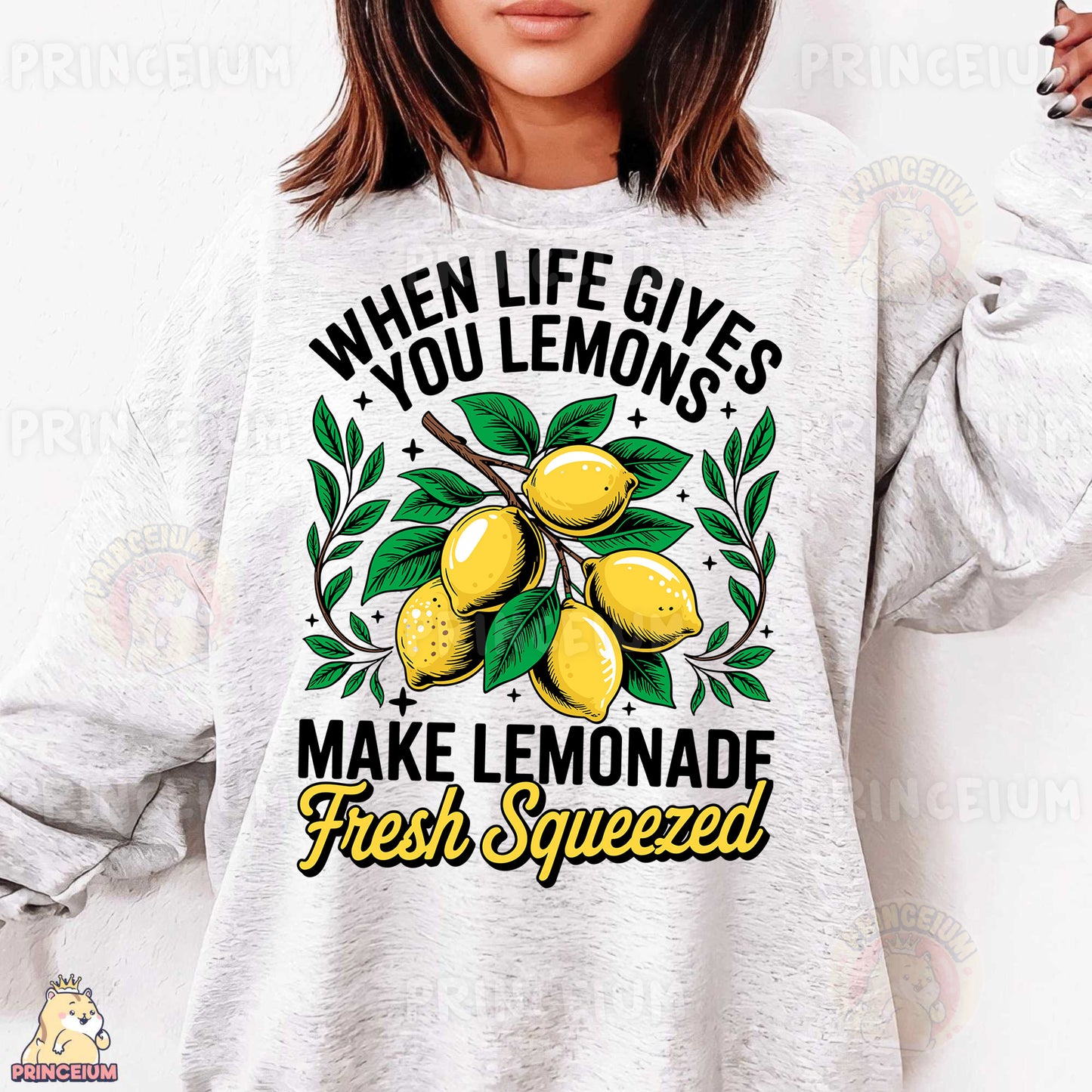 a woman wearing a sweatshirt that says when life gives you lemons make lemonade