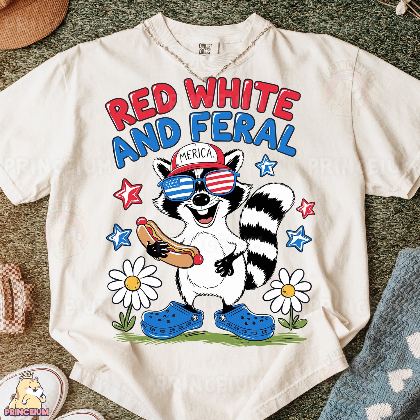 a white shirt with a raccoon holding a baseball bat
