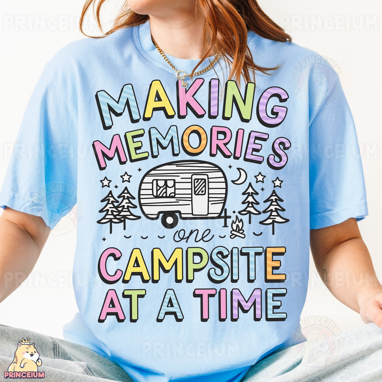 a woman wearing a blue shirt that says making memories one campsite at a time