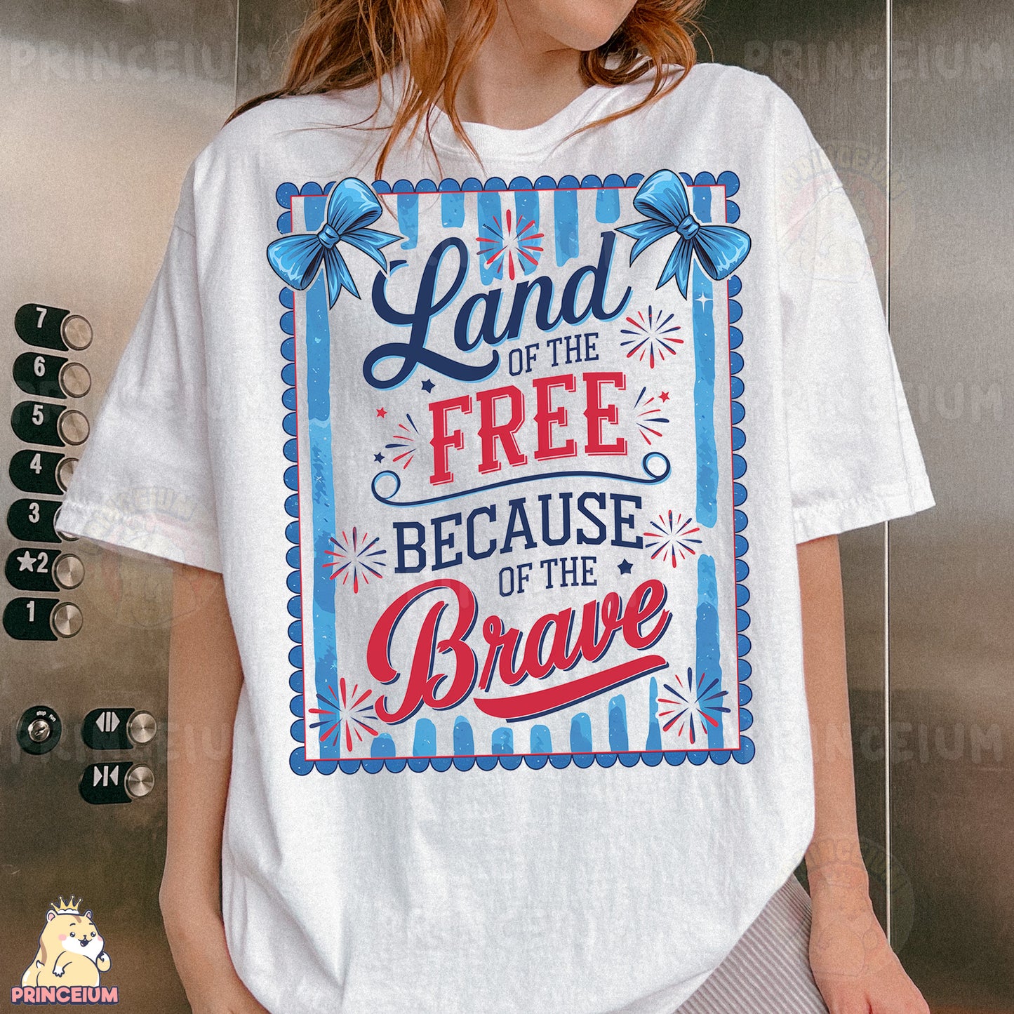 a woman wearing a t - shirt that says land of the free because of the