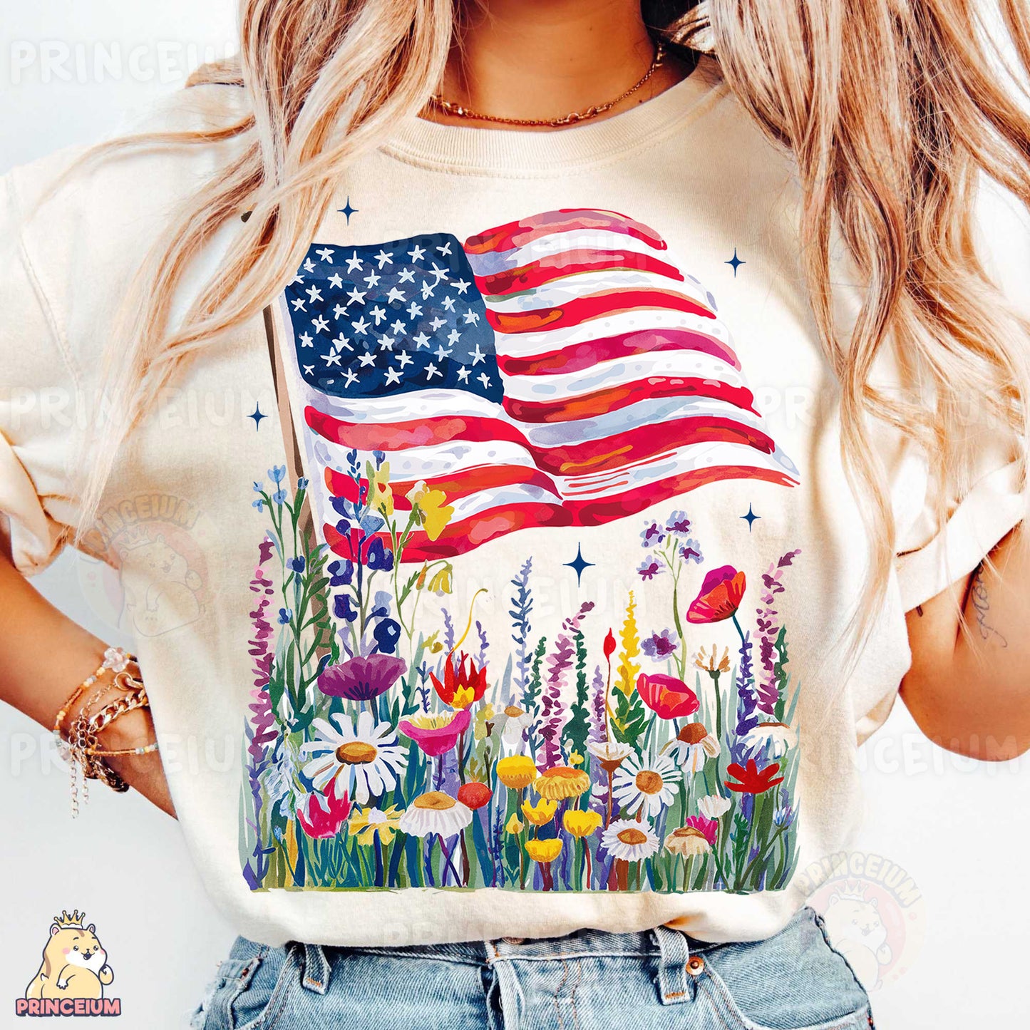 a woman wearing a t - shirt with an american flag on it