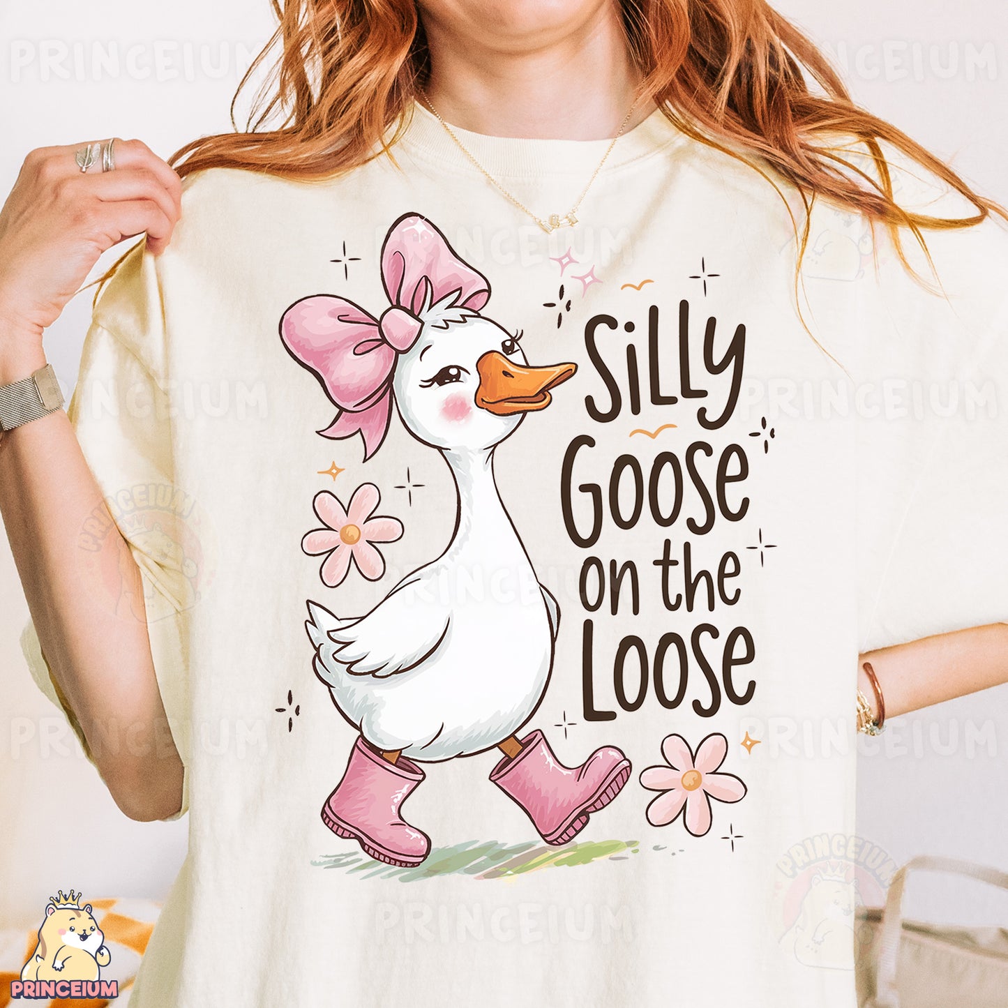 a woman wearing a silly goose on the loose t - shirt