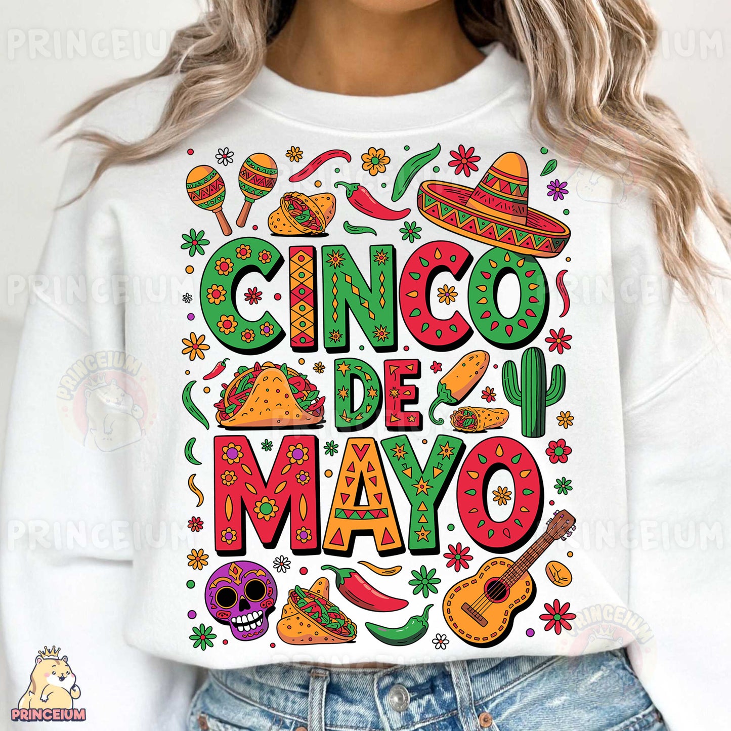 a woman wearing a cinco de mayo sweatshirt