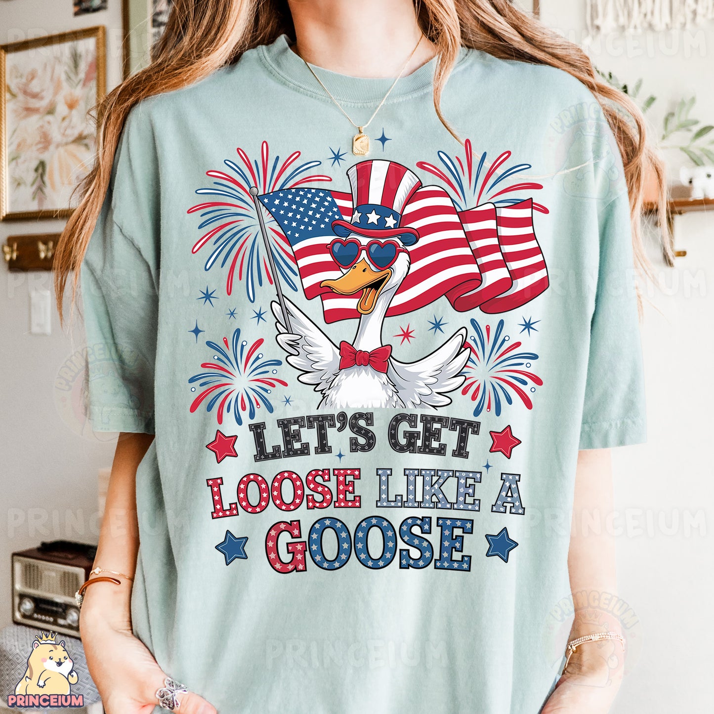 a woman wearing a t - shirt that says, let's get loose like