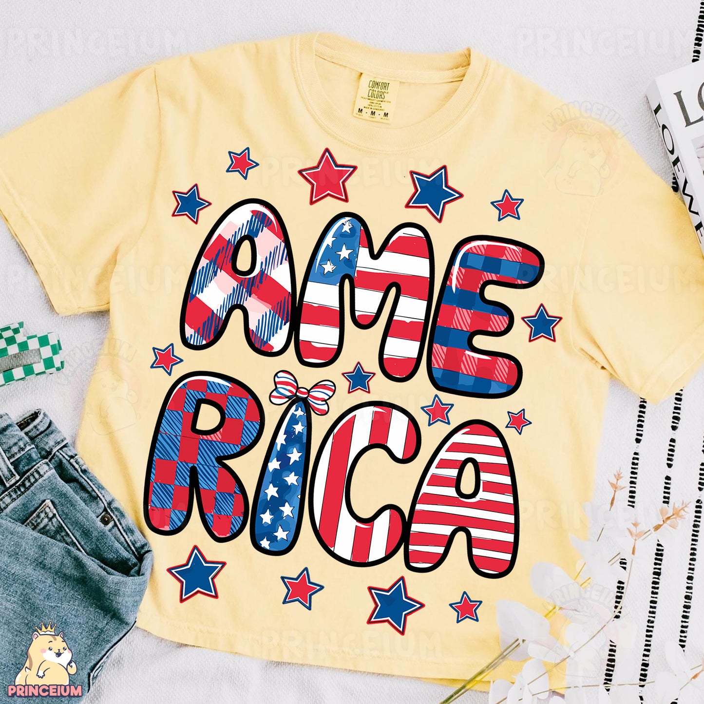 a t - shirt that says america with stars and stripes